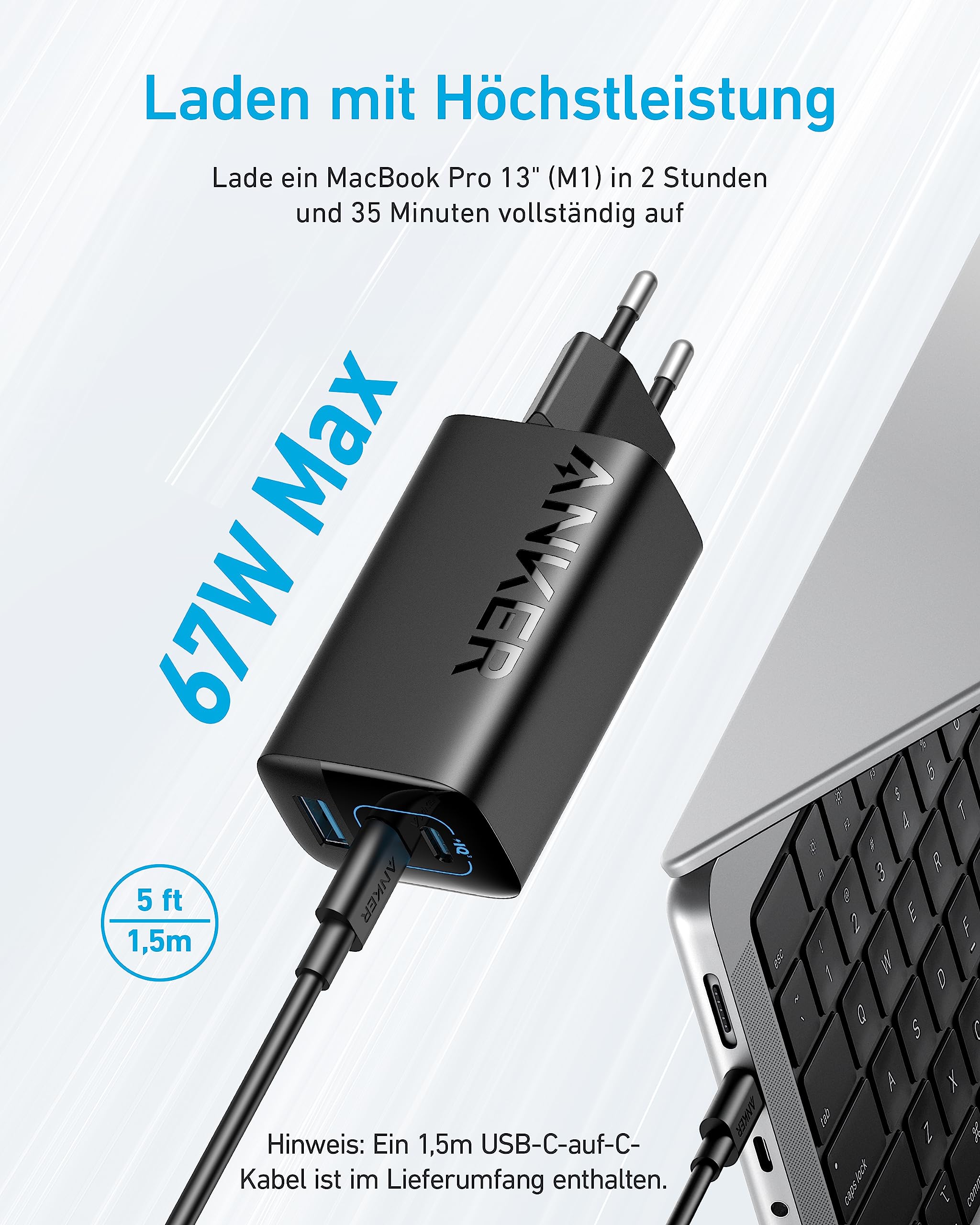 Anker 335 USB C Ladegerät 67W, 3-Port Schnellladegerät mit PIQ 3.0, PD Charger für iPhone 17/16/15, MacBook Pro, iPad, Galaxy, Pixel