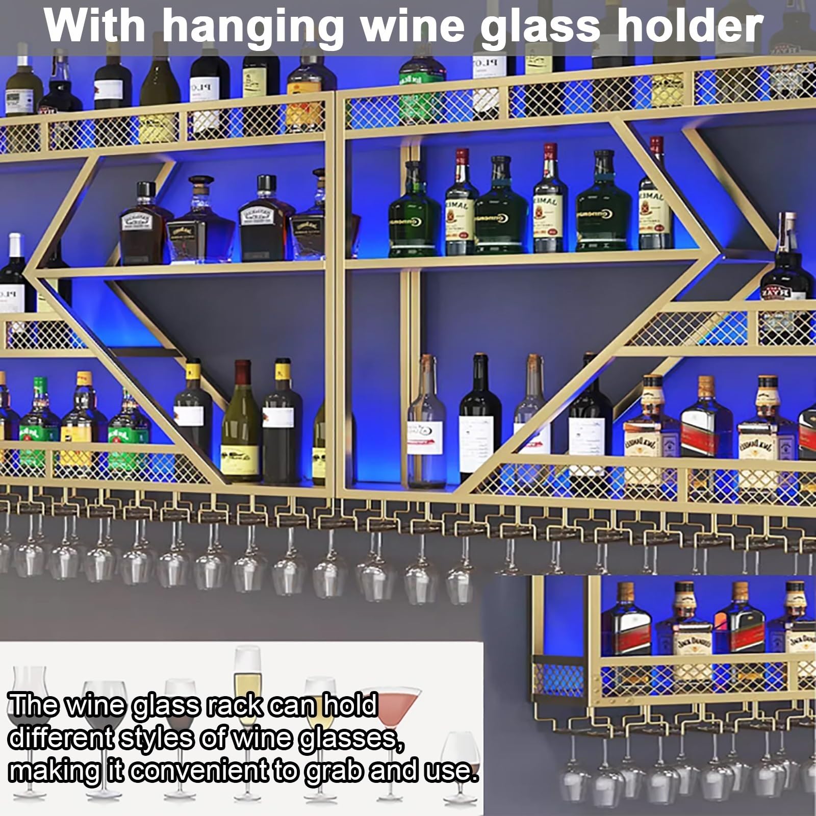 Portabottiglie da parete con portabottiglie leggero e gancio per bicchieri, elegante contenitore per vino per cucina o cantina, design salvaspazio per gli amanti del vino