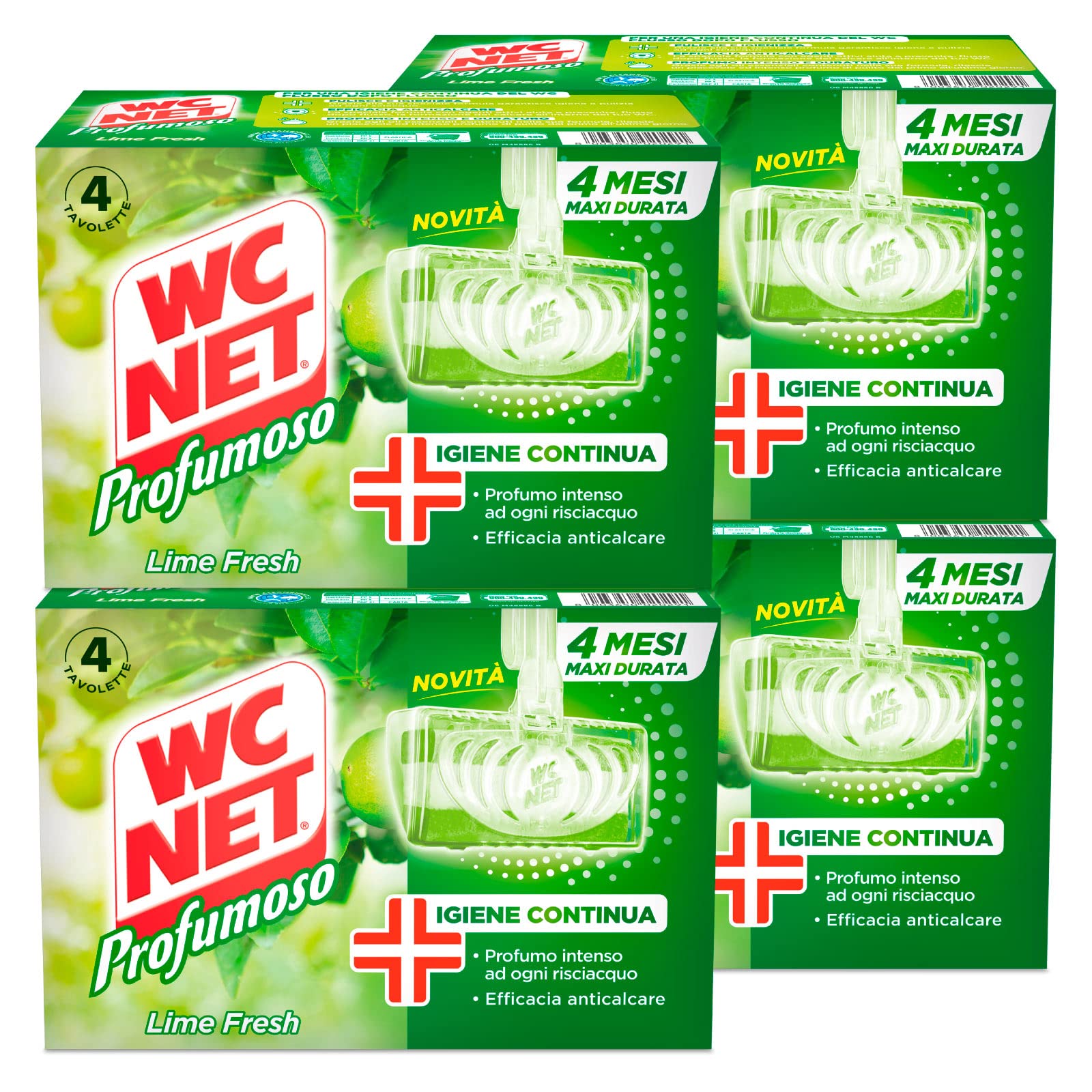 Wc Net - Tavoletta Profumoso 3 Effect, Detergente Igienizzante Solido per WC, Fragranza Lime Fresh, Lunga Duarata, 4 Pezzi x 4 Confezione