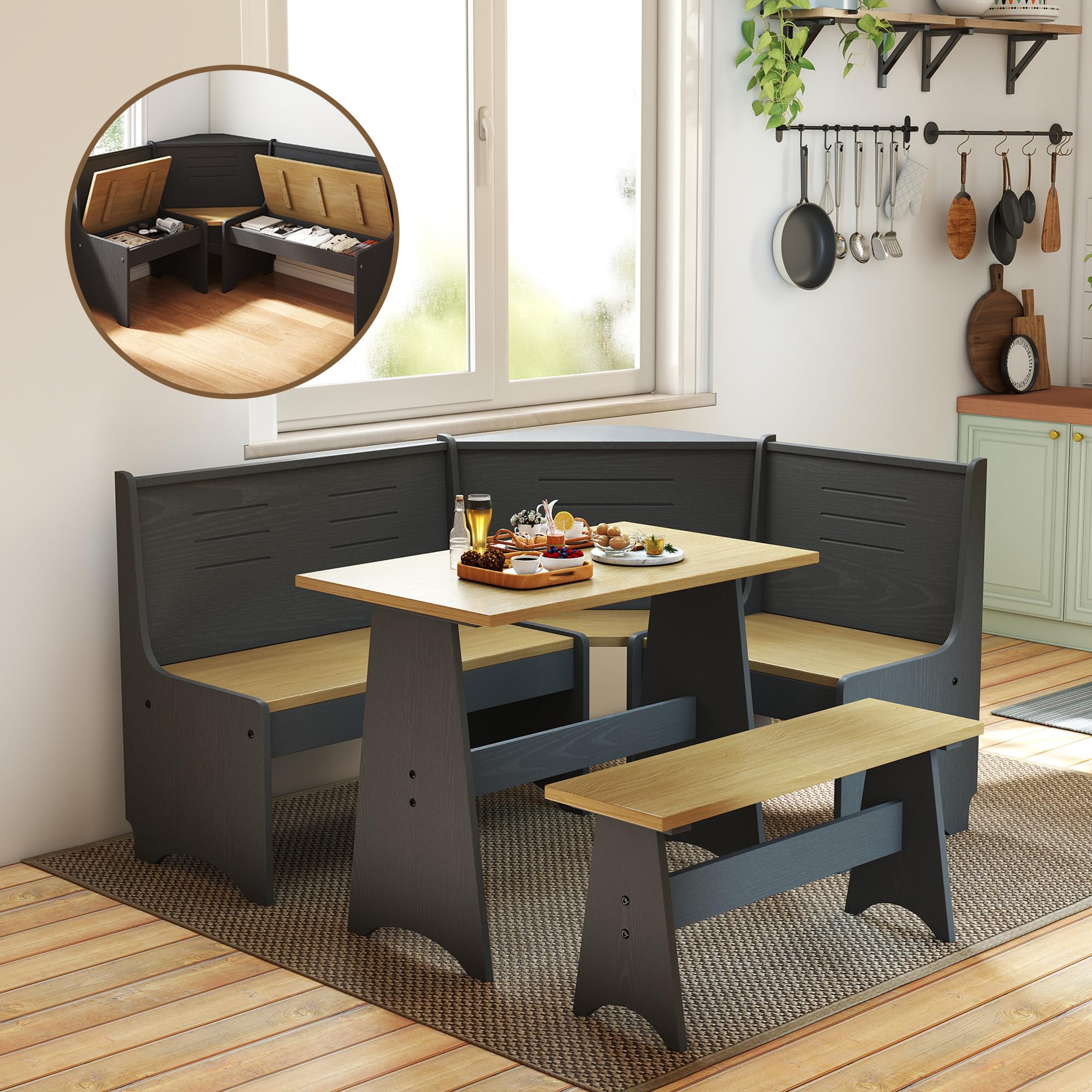 enor 3-5 people breakfast nook set, l-shaped corner dining table with bench, hidden storage space saving convertible for family home black wood