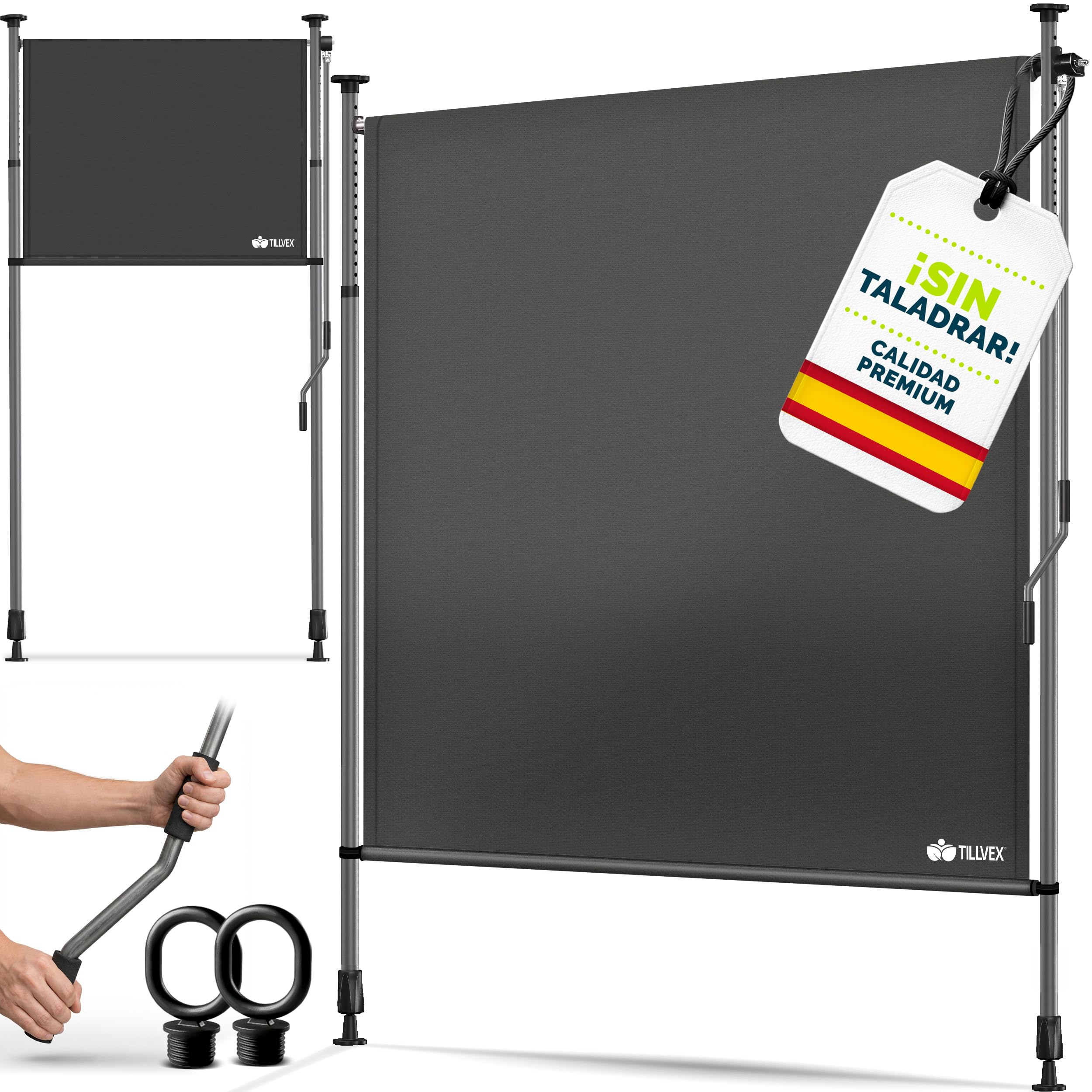 Tillvex® Toldo vertical antracita con manivela, protección visual extensible y opaca, 100 x 310 cm, para balcón, terraza, jardín