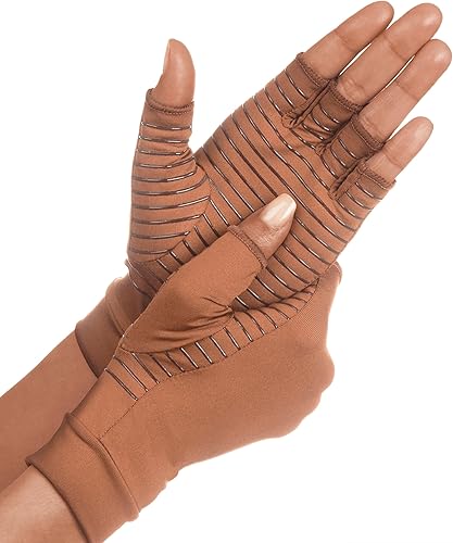 Guantes cobre para artritis para mujeres y hombres - Guantes de compresión sin dedos para mujer - Guante de compresión para ganchillo (caramelo, S)
