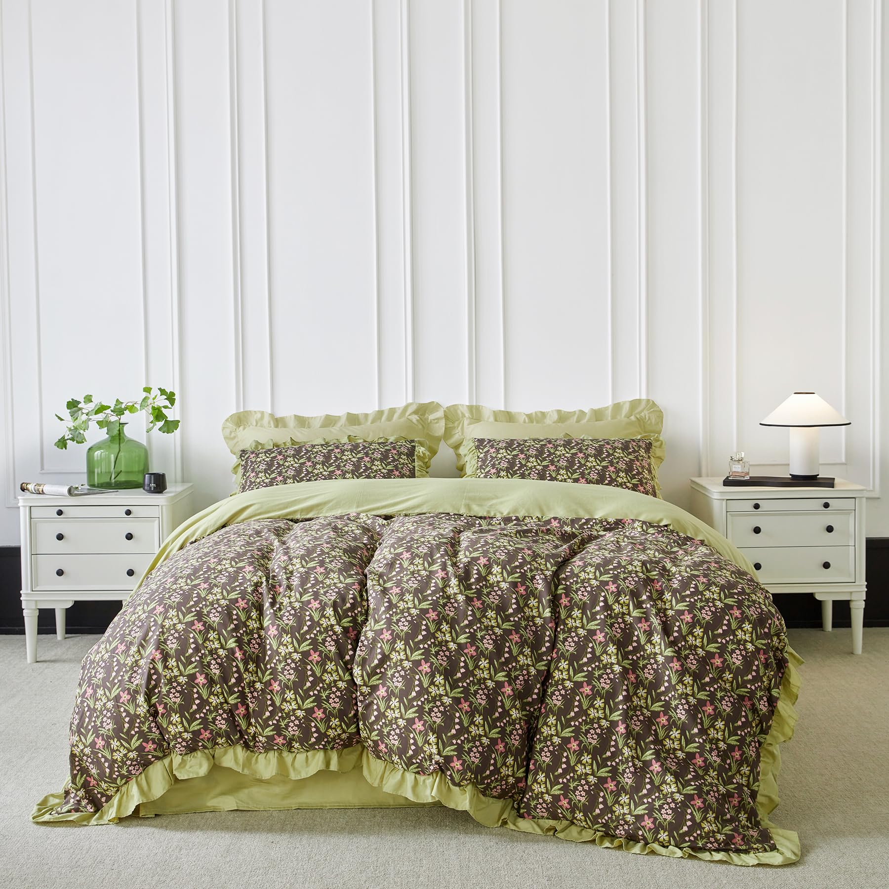 Photo 1 of YuHeGuoJi Sage Green Ruffle Floral Duvet Cover King 100% Cotton 3 Pcs Set