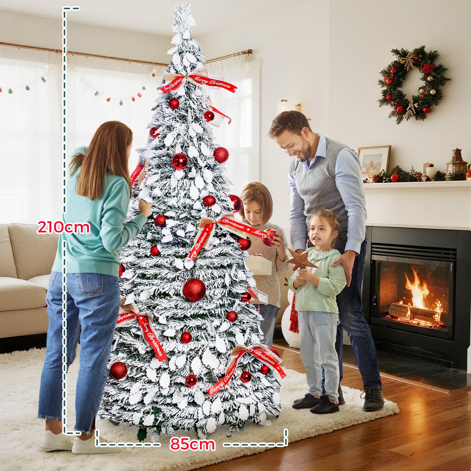 210cm Árbol de Navidad Plegable, árbol de Navidad Artificial en Blanco nevado con Adornos navideños y Lazos, Montaje fácil, decoración para Fiestas navideñas