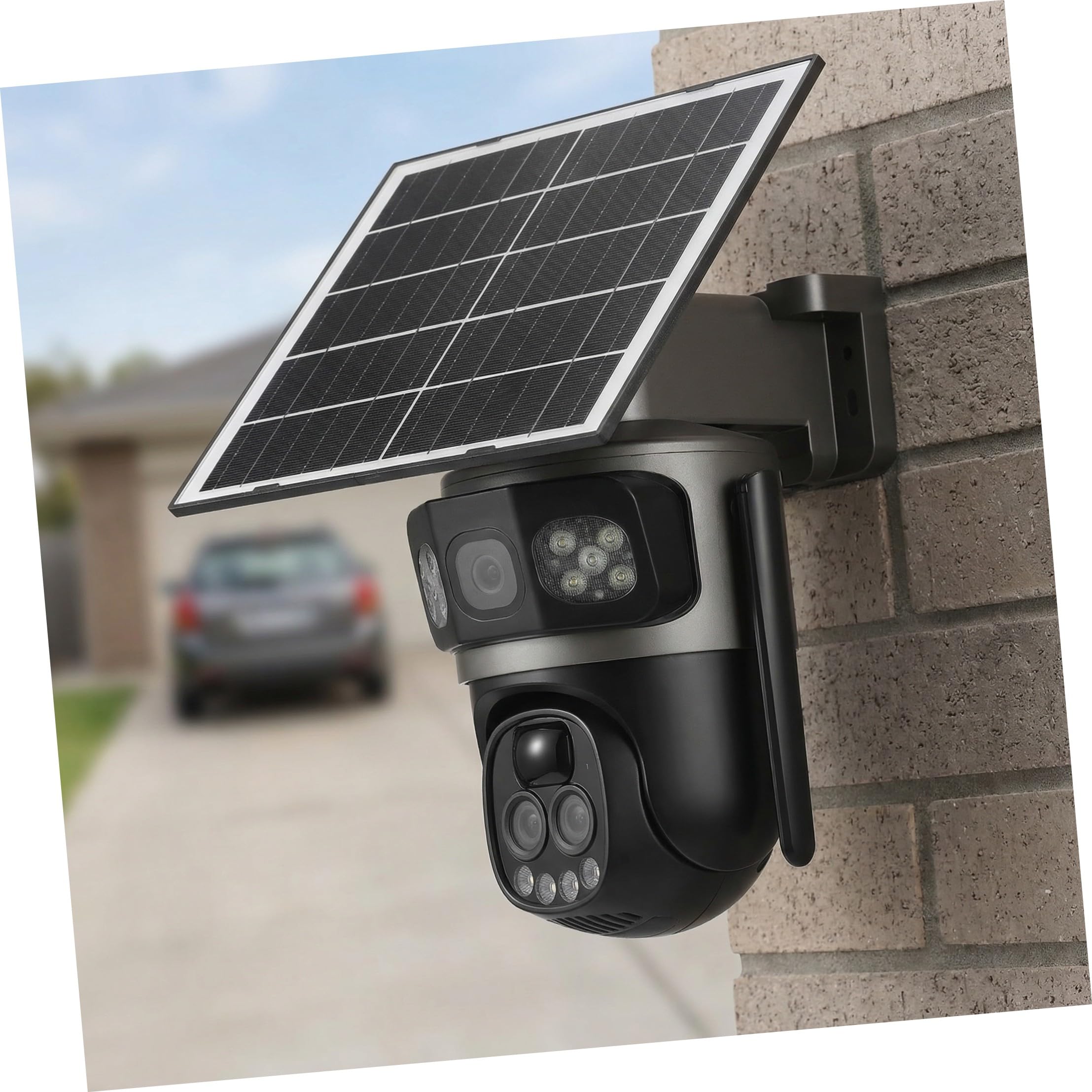 INOOMP Telecamera di Sicurezza Solare a Tripla Lente 5mp, Zoom 10x, Visione Notturna a Colori, Audio Bidirezionale, per Esterni e Sicurezza Domestica, Ip66, Abs