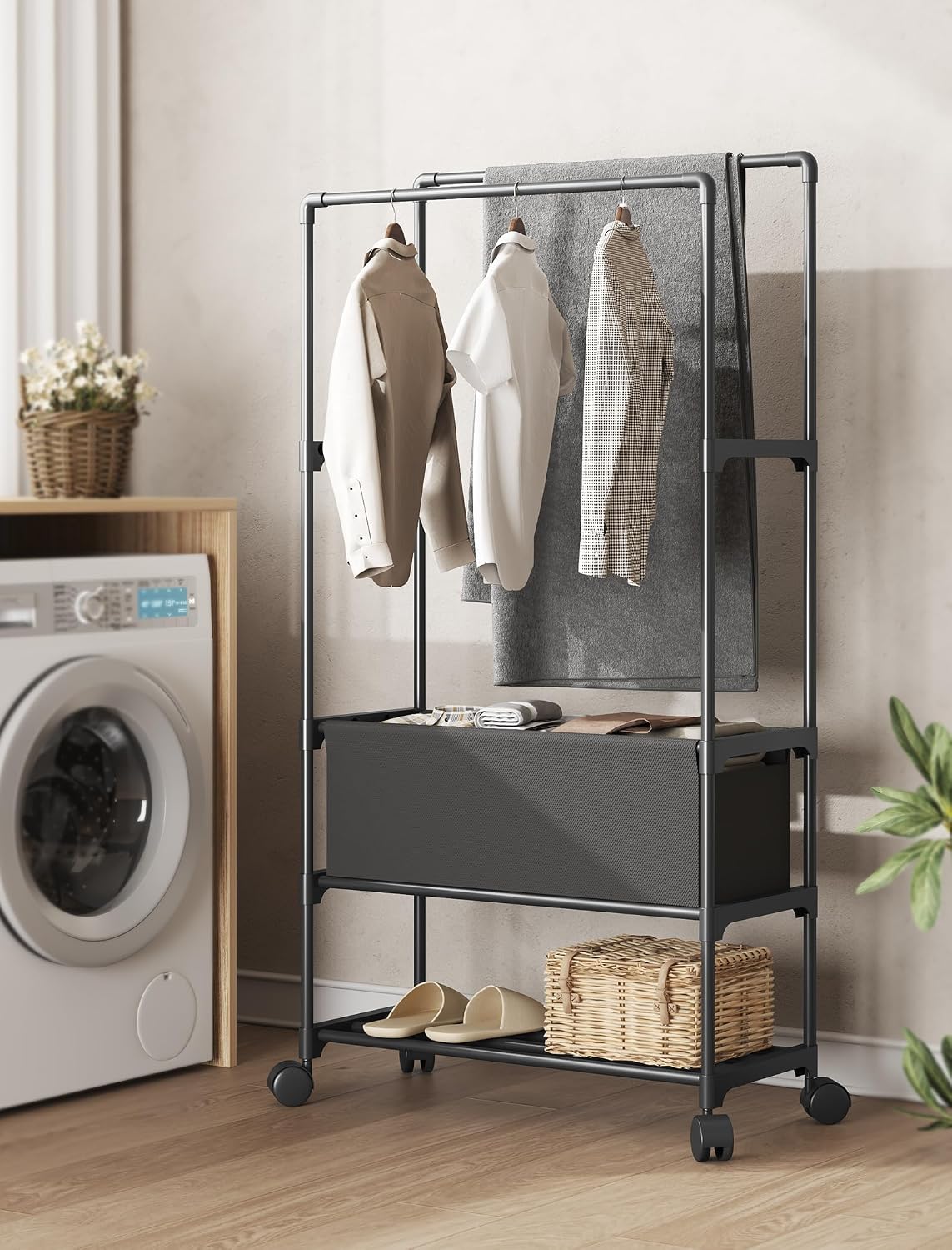 NiHome Laundry Cart with Hanging Racks and Basket, Double Pole Rolling Clothes Rack with Laundry Basket, Mobile Garment Hanging Stand with Storage Shelf, Multi-Function Organizer for Bedroom (Black)