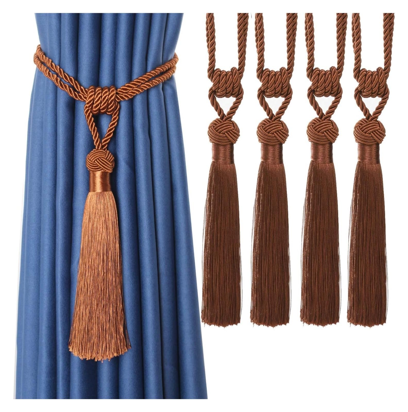 Tassel Curtain Tiebacks， Braided Rope Curtain Tiebacks Decorative Tassels Multicolor 2/4 Pcs(Light Coffee,4pcs)