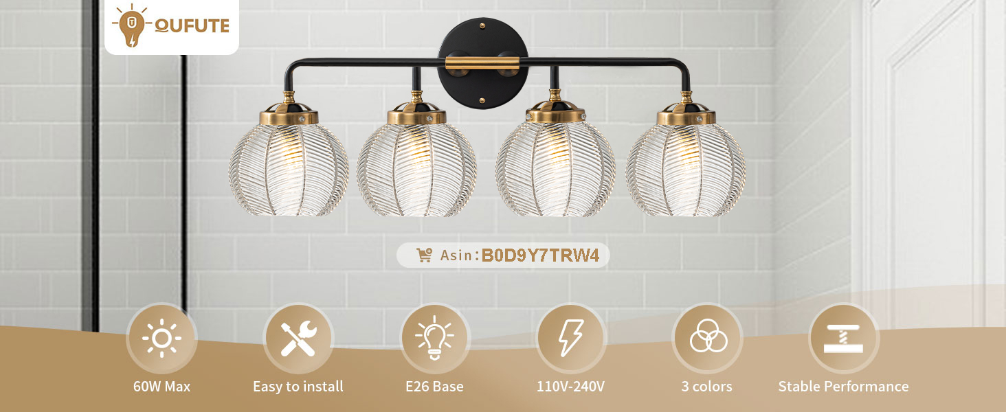 Image of 4-Light Black Gold Bathroom Light Fixture Vanity Light Sconces Wall Decor Set of 2 with Clear Glass Ribbed Globe Shade Bathroom Vanity Lights Above Mirror for Powder Room Farmhouse