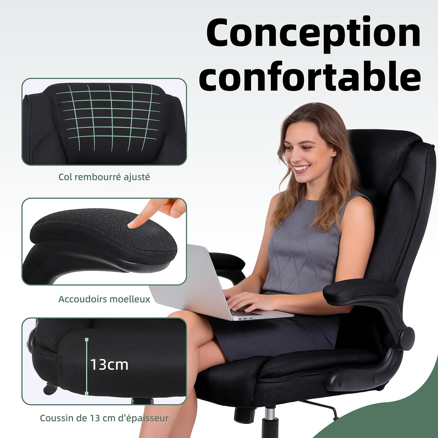 Youhauchair Chaise Bureau Ergonomique, Chaise de Bureau 200 kg pour Personnes de Grande Taille, Fauteuil de Bureau avec Accoudoirs Relevables, Fauteuil de Direction à Dossier Haut, Noir