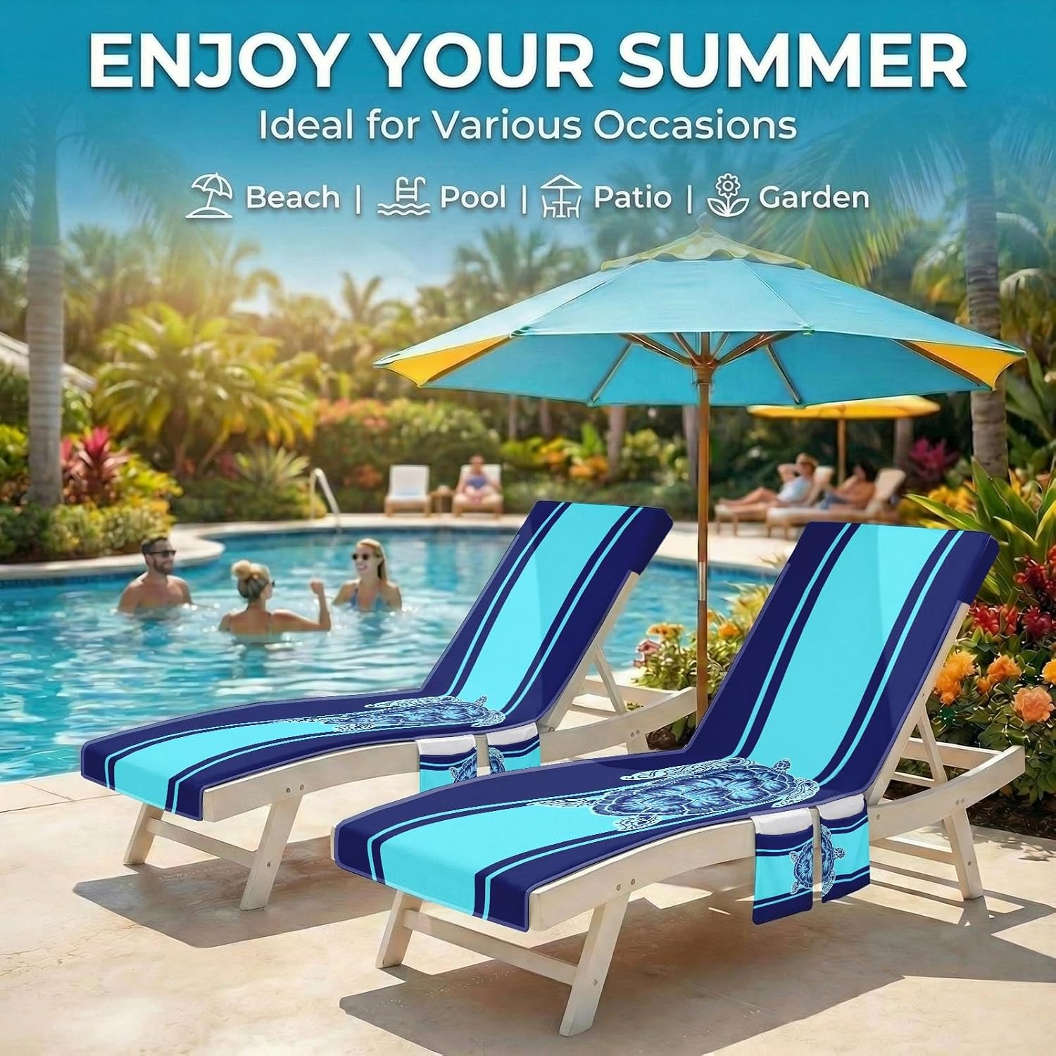 Lounge Chaise Chair Towel Covers (Pack of 2), Beach Chair Cover with 3 Pockets for Pool Outdoor Beach Garden Patio Trips,85 X30 in (Sea ​​Turtle)