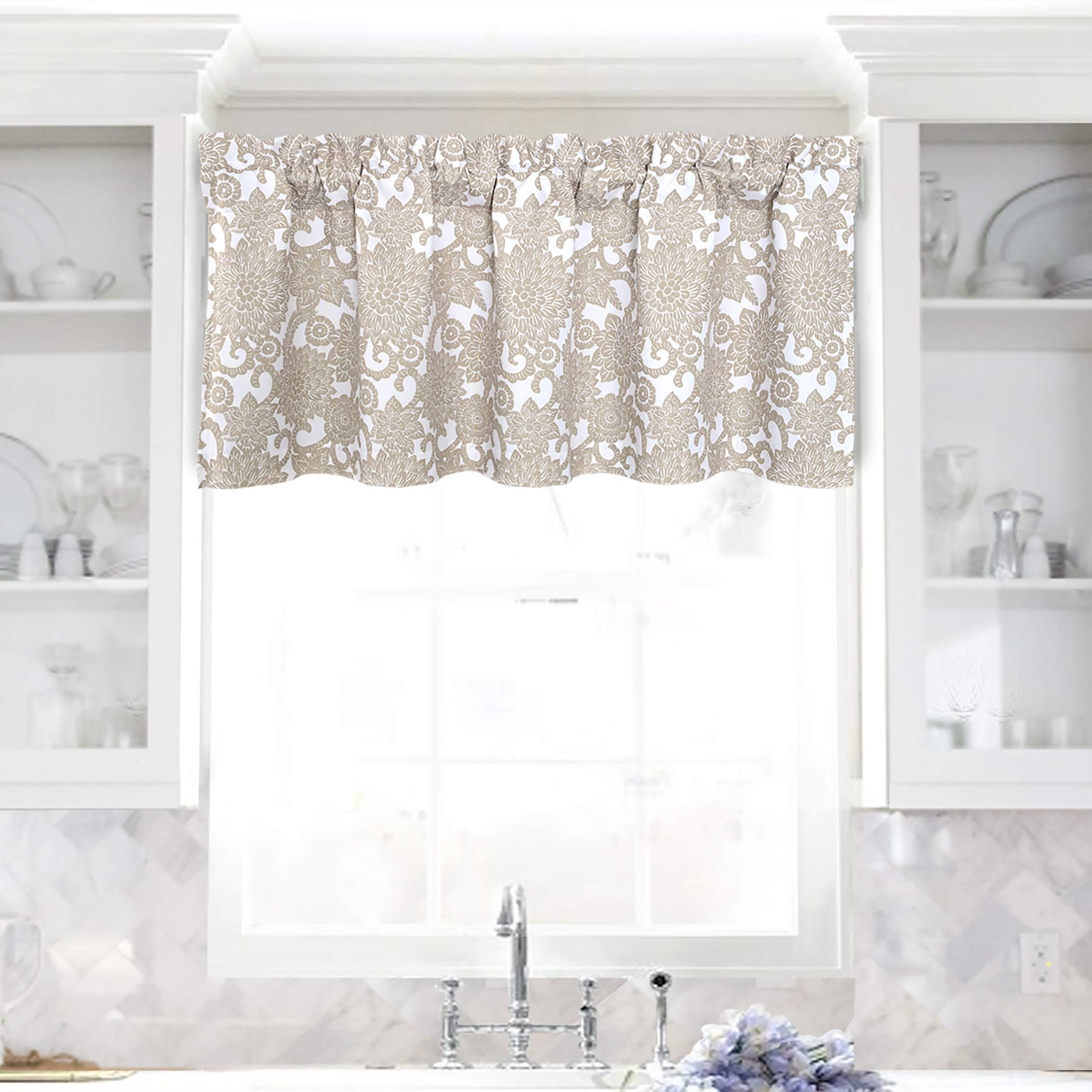 DriftAway Daisy Dahlia Blooming Flower Floral Lined Thermal Insulated Energy Saving Window Curtain Valance 2 Layers Rod Pocket 52 Inch by 18 Inch Plus 2 Inch Header Beige 1 Pack
