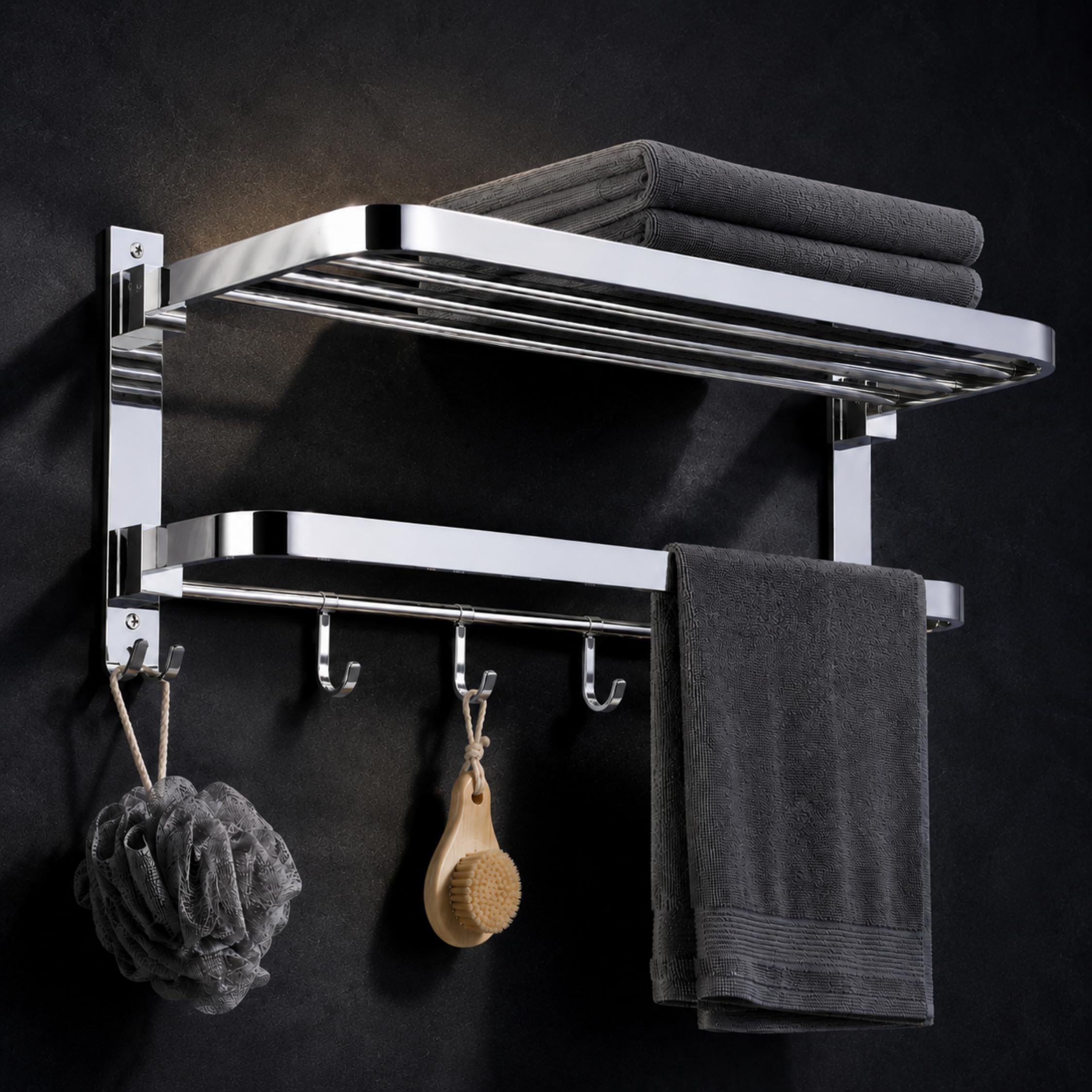 GLOXY Premium SS 304 Towel Rack 24 Inch in Bathroom - Wall Mounted Foldable Towel Holder with Multipurpose Hooks - Chrome Finish Towel Hanger for Towels & Clothes - Bathroom Fittings Accessories-picture-10