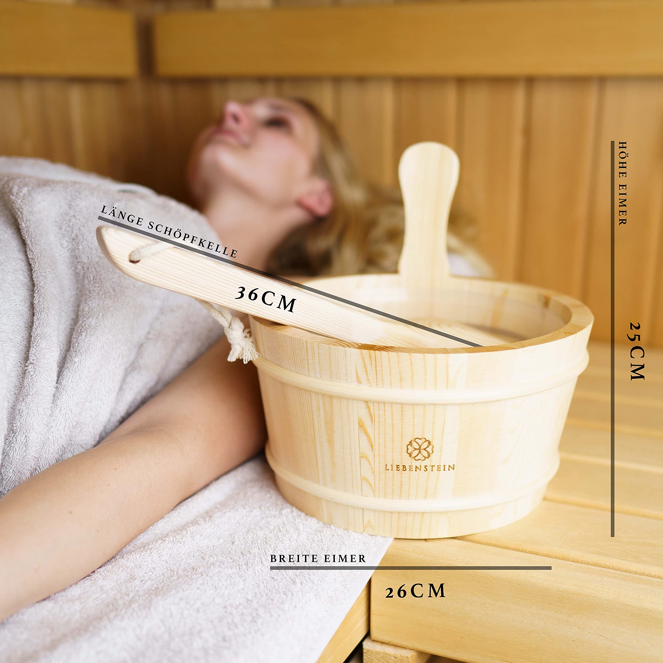Liebenstein® Sauna Eimer mit Kelle [4L] – handgefertigt aus finnischem Kiefernholz – hochwertiges Sauna Zubehör Set – bestehend aus Saunaeimer, Saunakelle und Schutzeinsatz – Dein Sauna Set