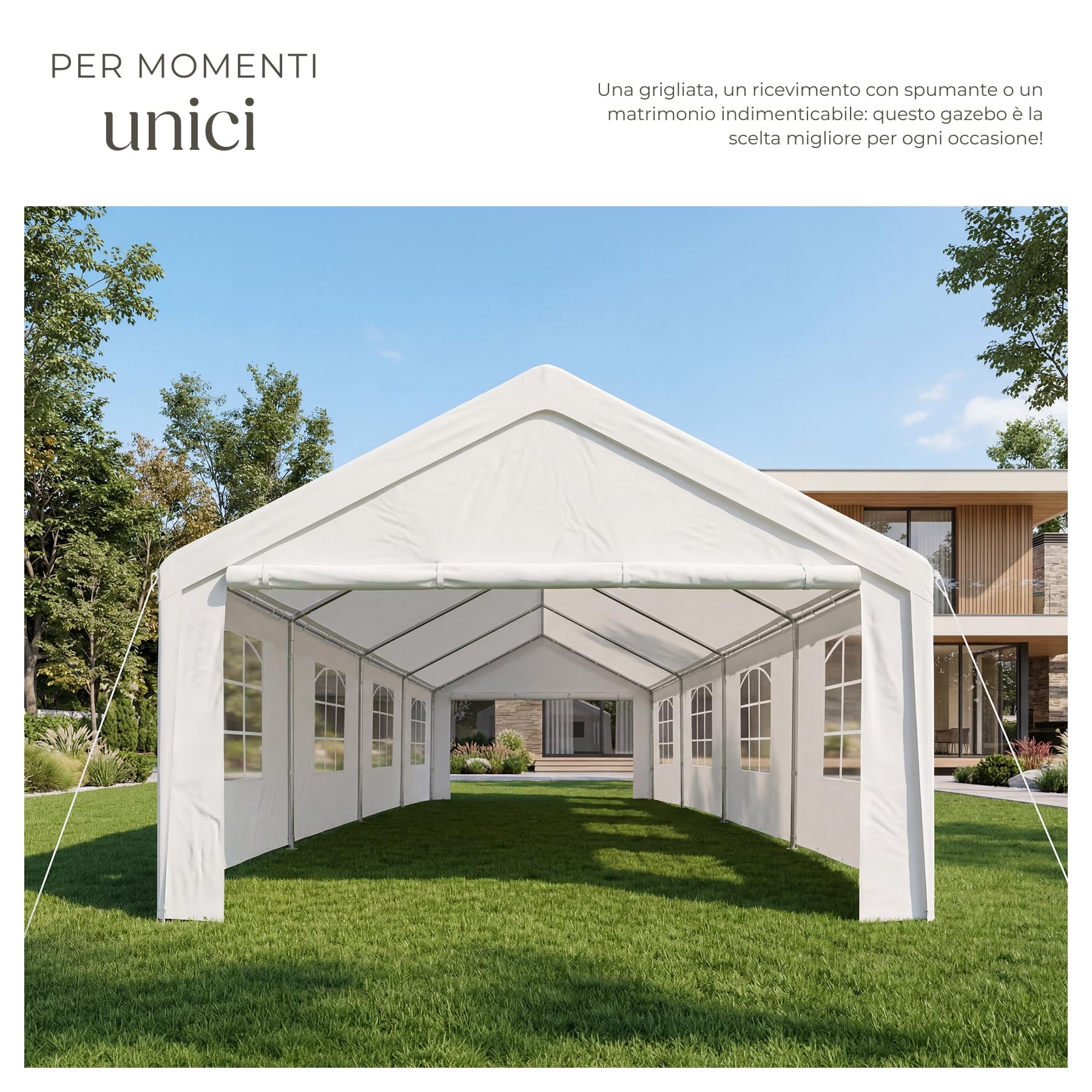 tectake® Tendone per Feste 8 x 4 m, Gazebo Impermeabile, Protezione UV 50+ | 2 Pareti Laterali e 2 Pannelli Frontali Rimovibili, Finestre Ampie, Telone Antistrappo, Telaio Acciaio Verniciato, Bianco