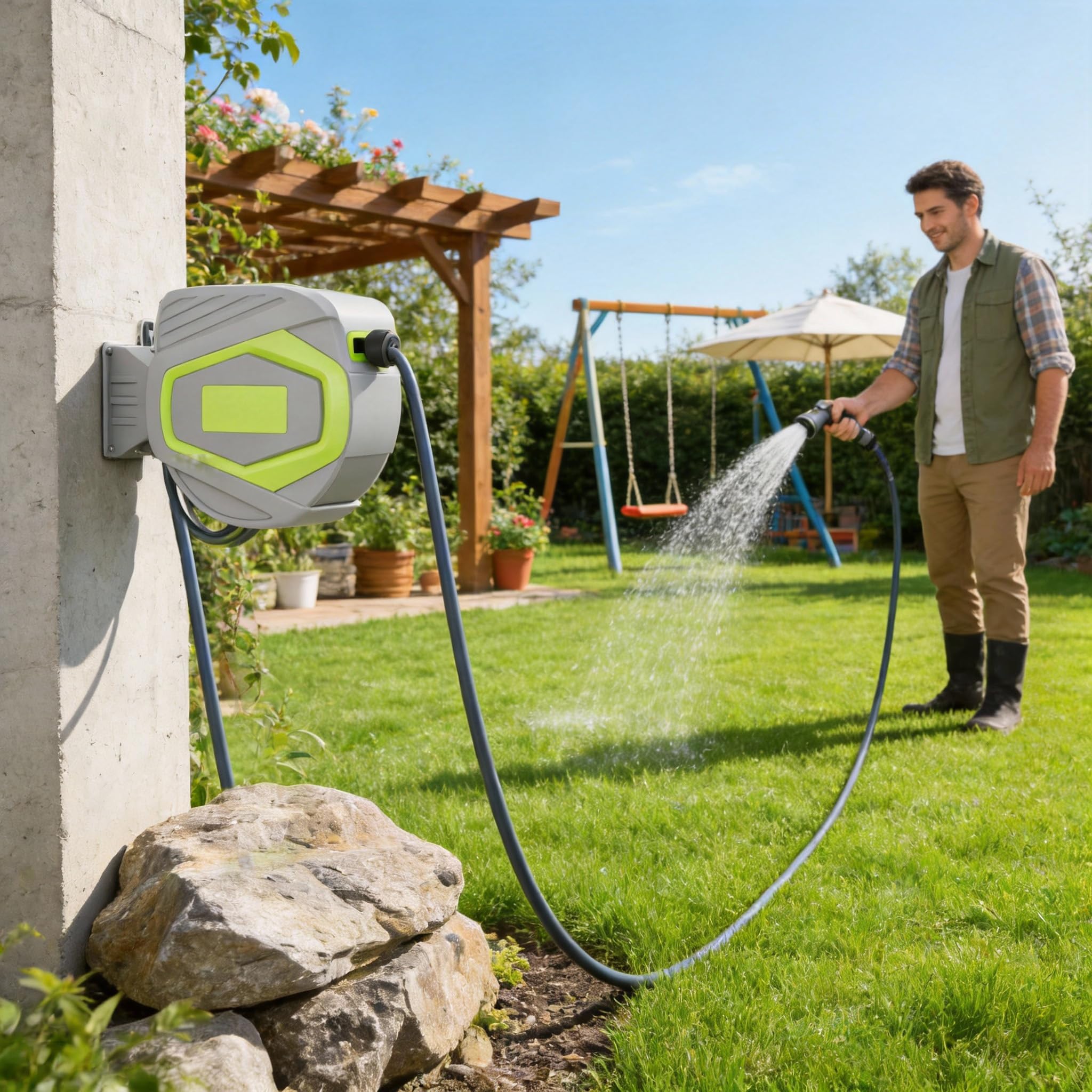 Carrete de manguera de 30 m, enrollador de manguera de jardín con pistola de agua, enrollador automático, conexión de 1/2 pulgadas, caja de manguera de jardín, color gris