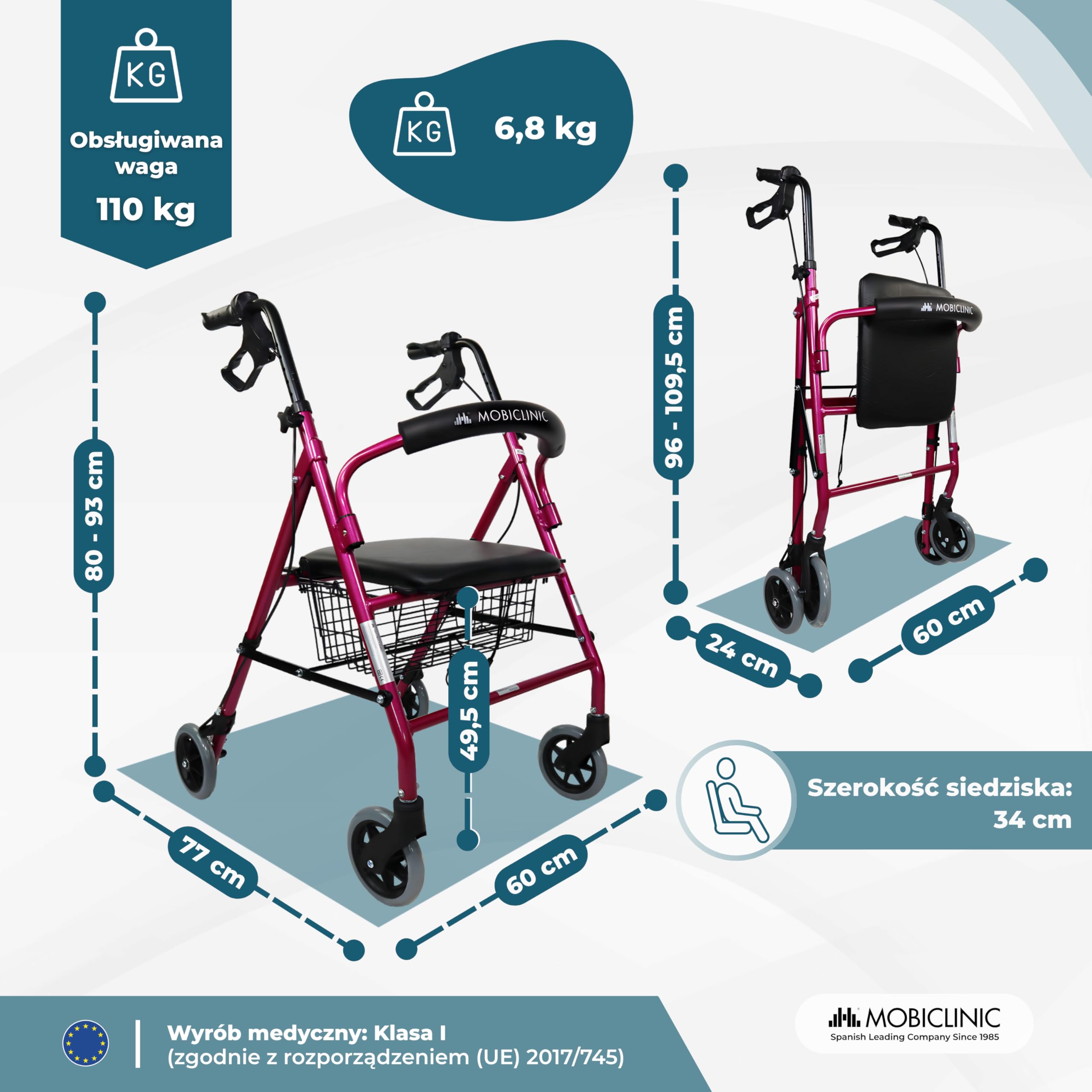 Chodzik | Składany | Aluminium | Hamulce na dźwigniach | Siedzisko i oparcie | 4 koła | Różowy | Escorial | Mobiclinic