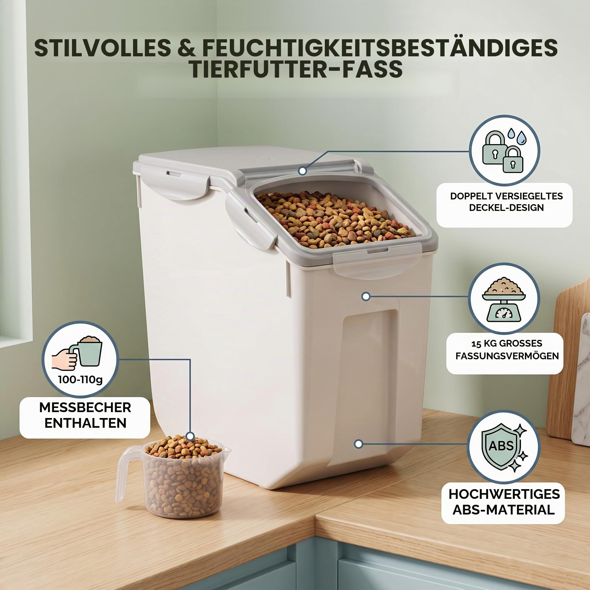 Greensen Lebensmittelbehälter für Hundefutter & Katzenfutter – 15 kg Aufbewahrungsbox mit doppelter Dichtung, feuchtigkeitsdicht, aus hochwertigem ABS-Material, inkl. Messbecher