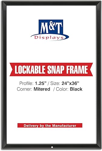 M&T Displays Marco de póster con cierre a presión de 24 x 36 pulgadas, color negro de 1.25 pulgadas, perfil de aluminio, carga frontal, montaje en