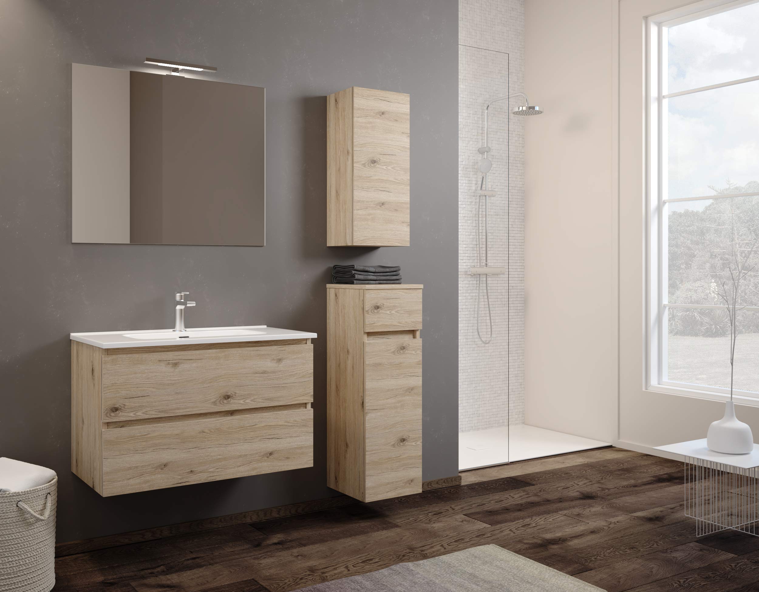 MaMa Store Atena Mobile sospeso con lavabo, specchio e lampada LED, Laminato, Quercia Naturale L. 81 X P. 47 X H. 53 Cm