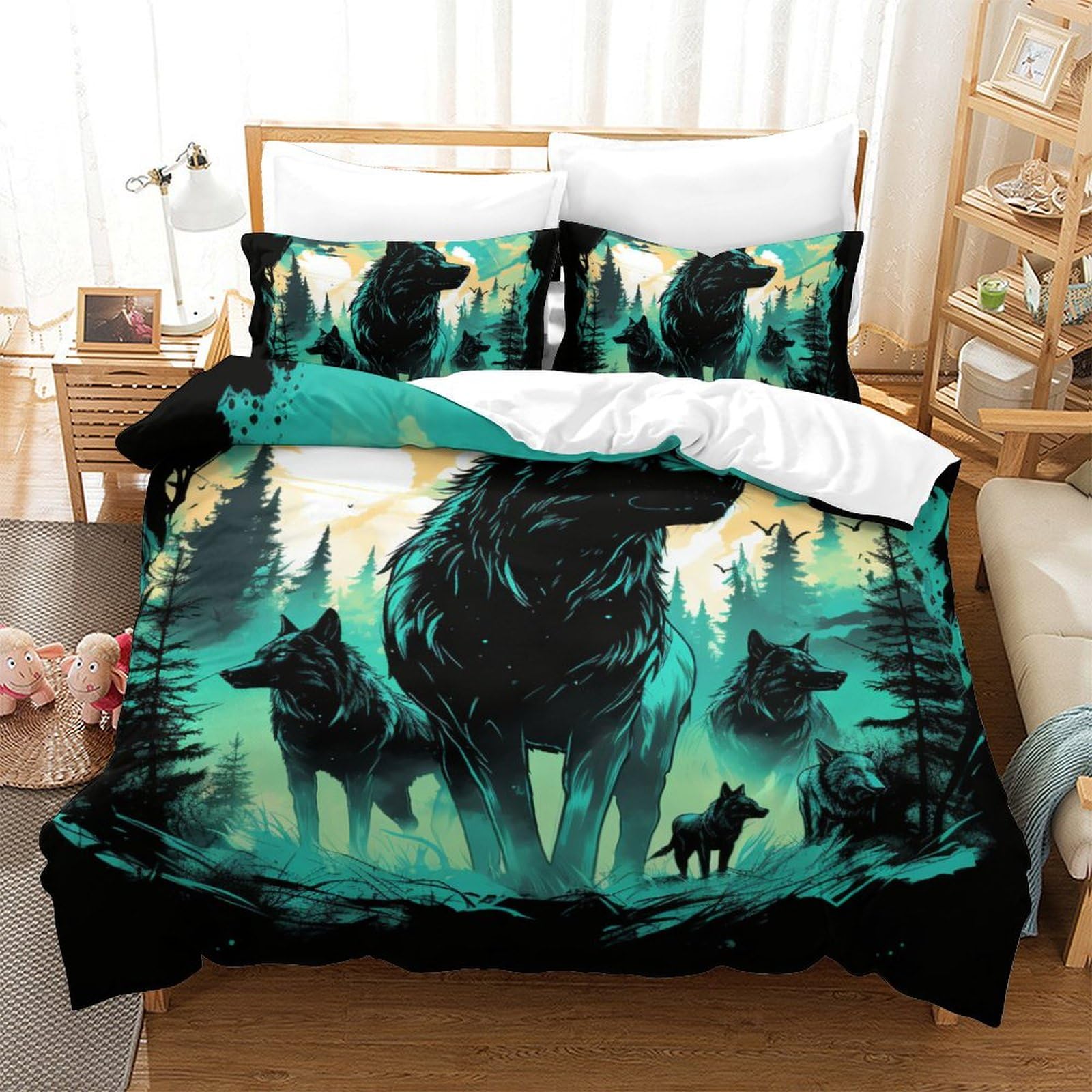 Housse de couette loup 200x200 respirante et parure de lit microfibre douce