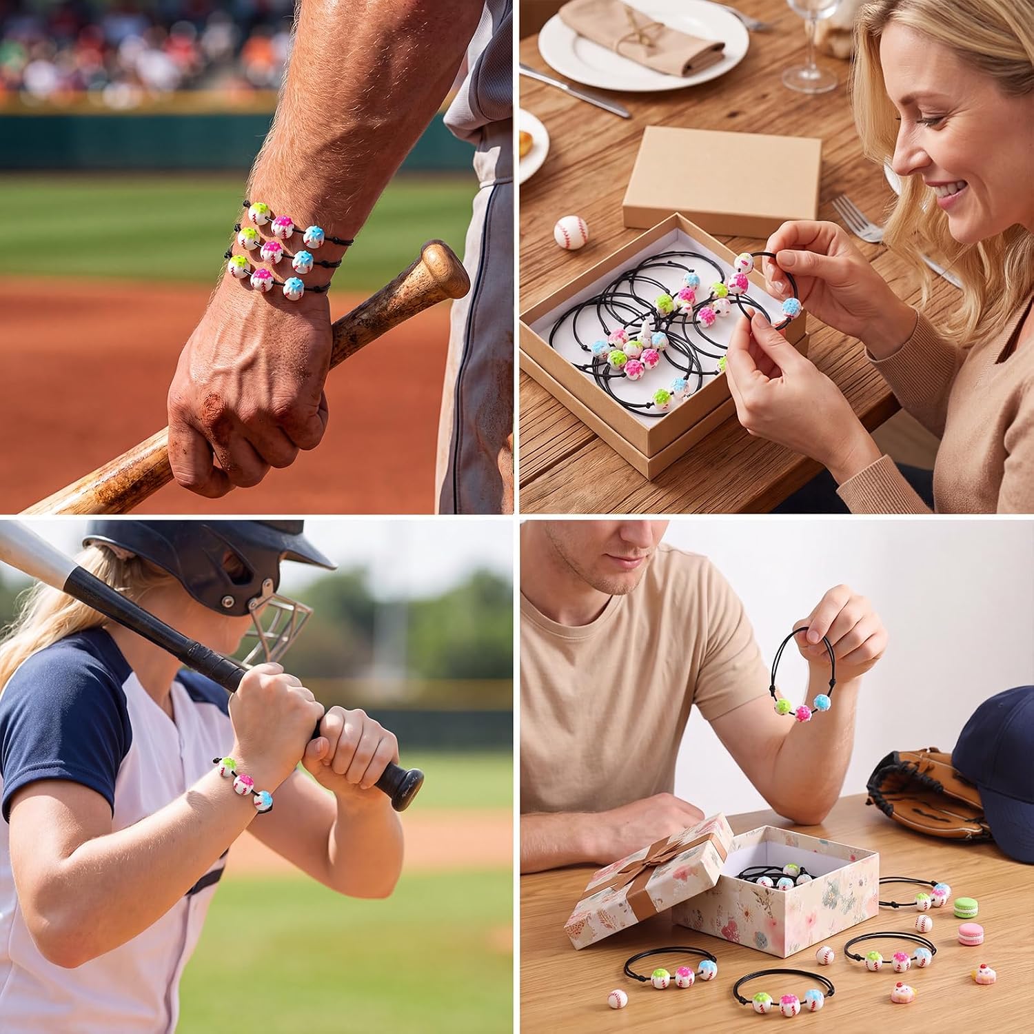 24 Pcs Baseball Ice Cream Drip Bracelets | Adjustable Handmade Braided Wristbands, 3 Styles, Sport Accessories Gift, Baseball Teams, Birthday Party Favors, for Adults