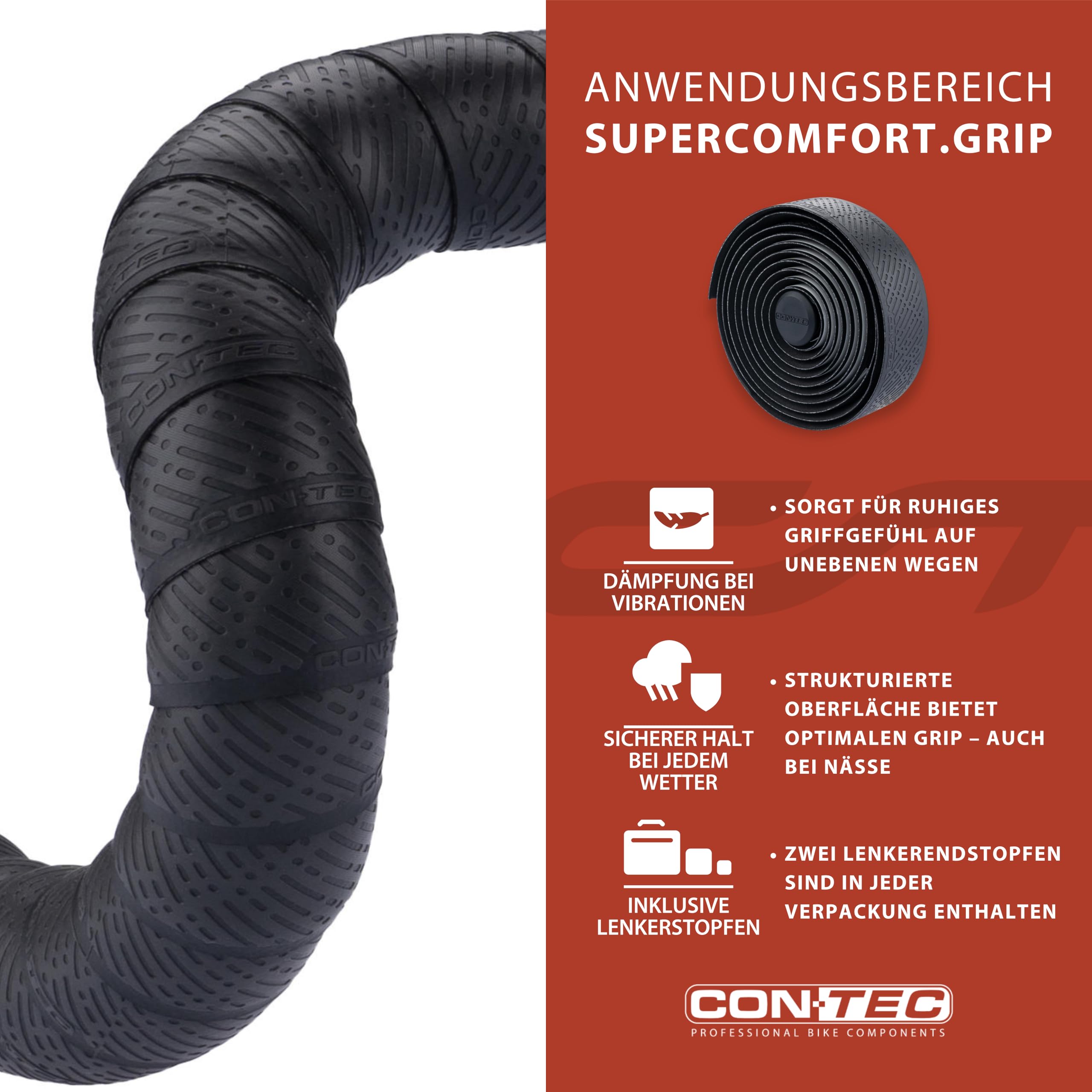 CONTEC Lenkerband SuperComfort.Grip, 2000x30x3 mm, aus Polyurethan, selbstklebend und rutschsicher, mit Silikonstreifen und 2 Lenkerstopfen, Paar, schwarz