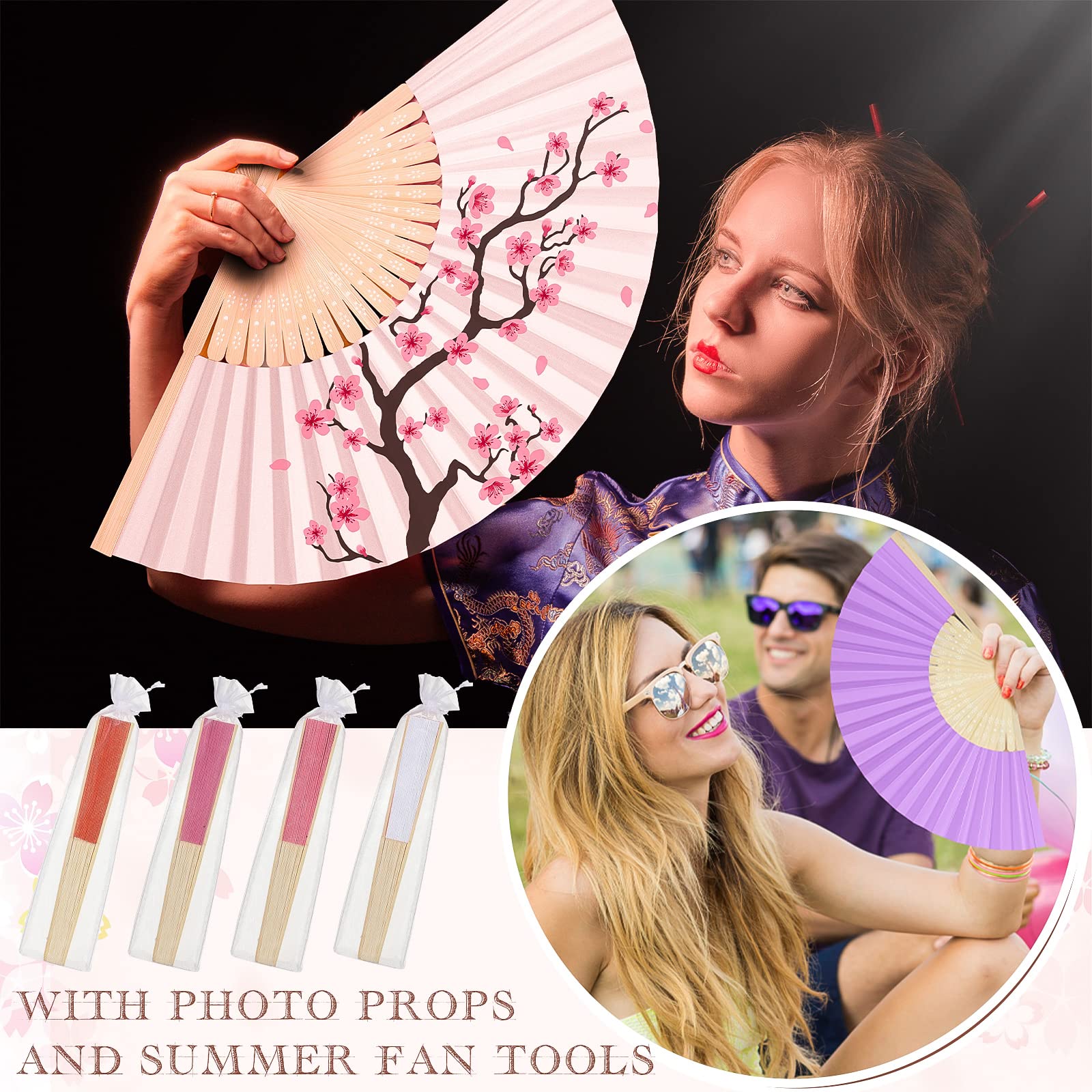 80 Stück Papier-Handfächer und Organza-Handfächerbeutel, Bambus, gefaltet, Handfächer, Papierfächer für Hochzeit, Party und Heimdekoration, Kirche, Partygeschenke, DIY-Dekoration (mehrfarbig)