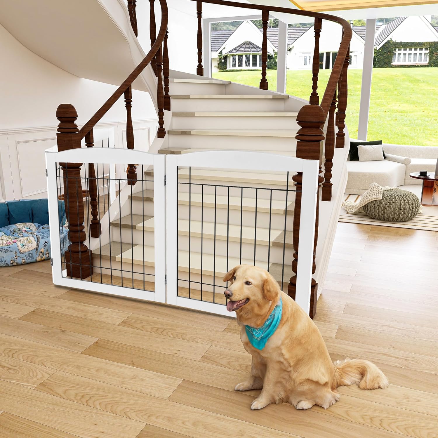 Freestanding Pet Gate with Door, Foldable Wooden Indoor Dog Gate for House, Stairs, Pet Puppy Safety Dog Fence, Doorways 32” Tall Pet Gate 4 Panels Fence with Feet Support,White