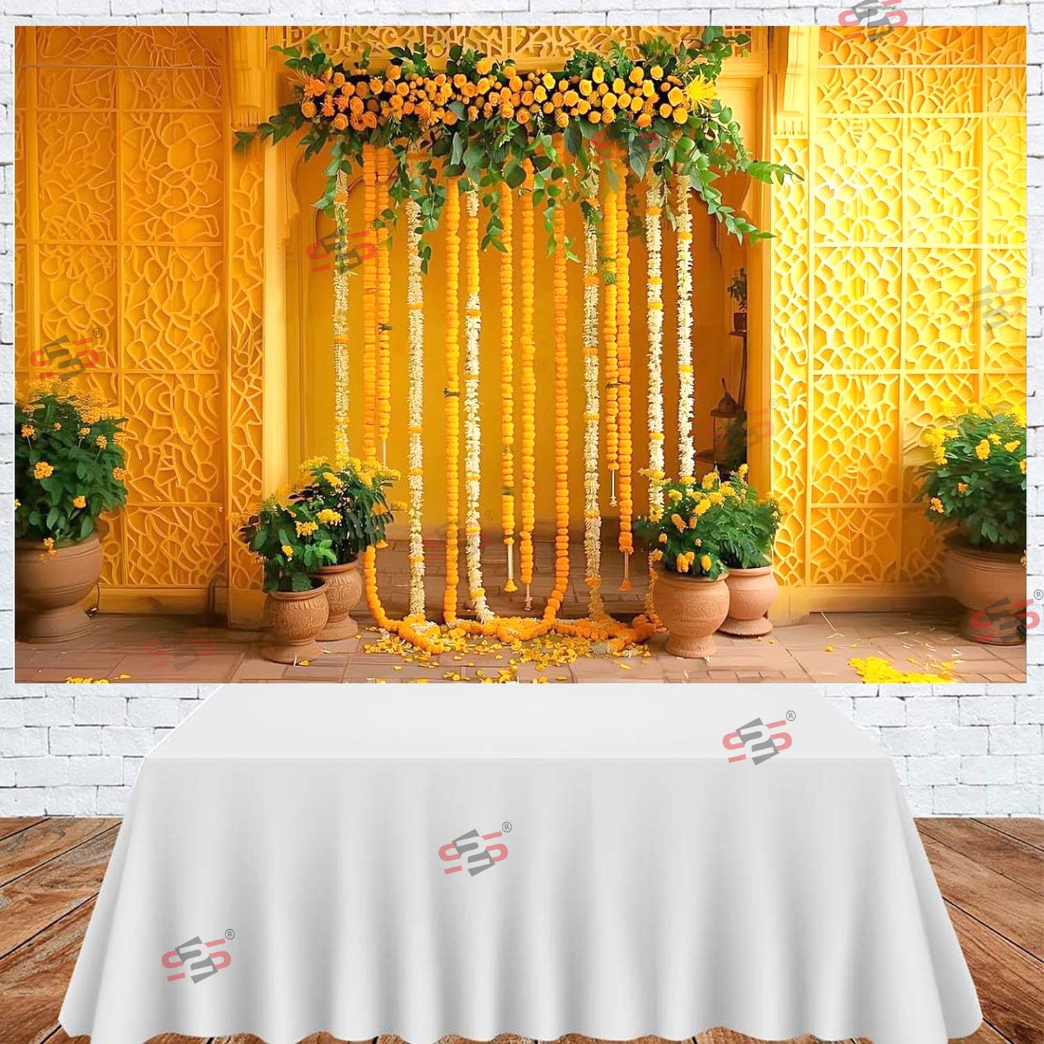 S2S Stylish Yellow Haldi Decorative Backdrop Cloth | Haldi Decoration Items for Home | Backdrop for Pooja Decoration - (5 x 8 Feet)