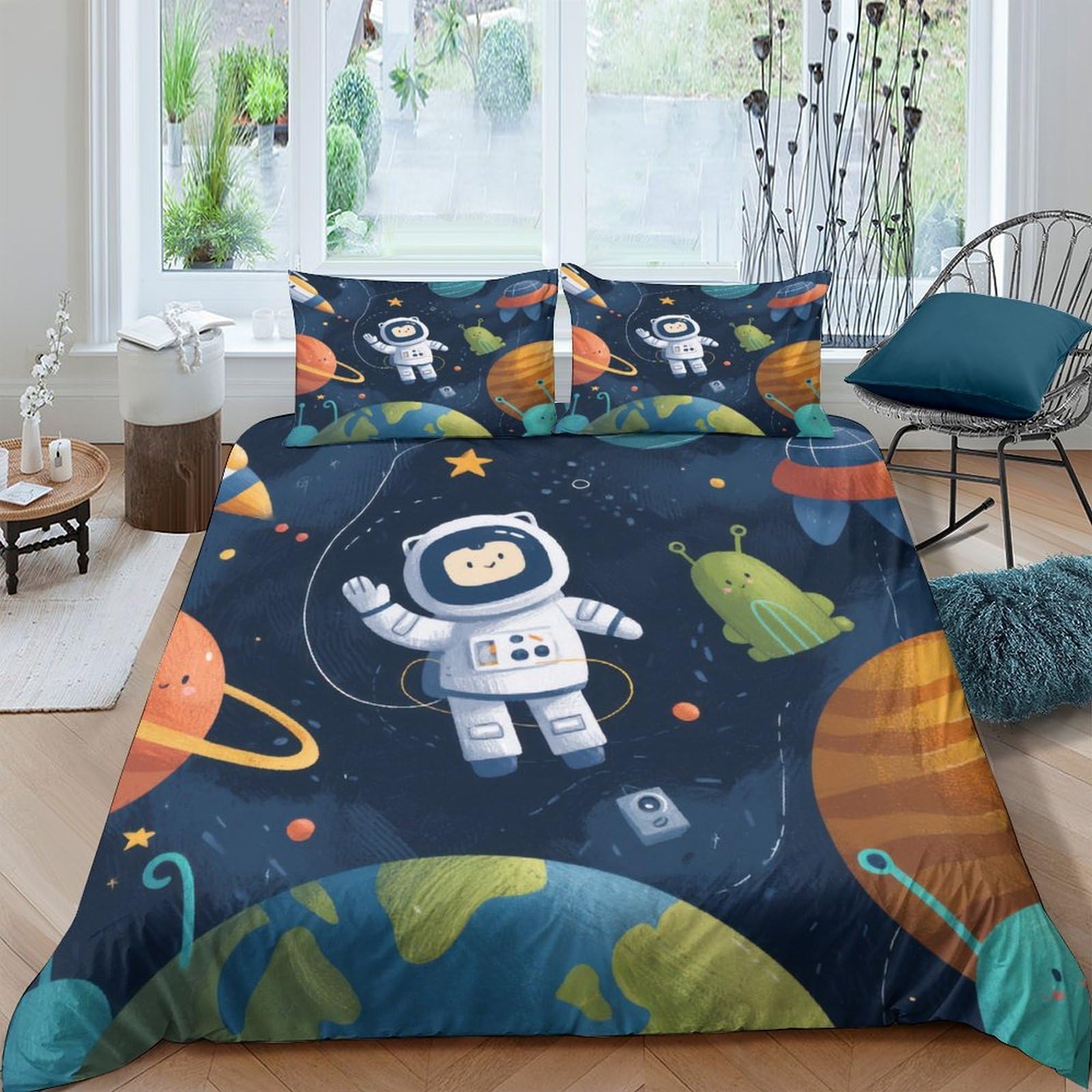 GPLZQXKJNH 3D Printed Space Astronaut Duvet Cover Set Microfiber Soft Planets Bedding Set with 2 Pillowcases for Bedroom Decor Single（135x200cm）