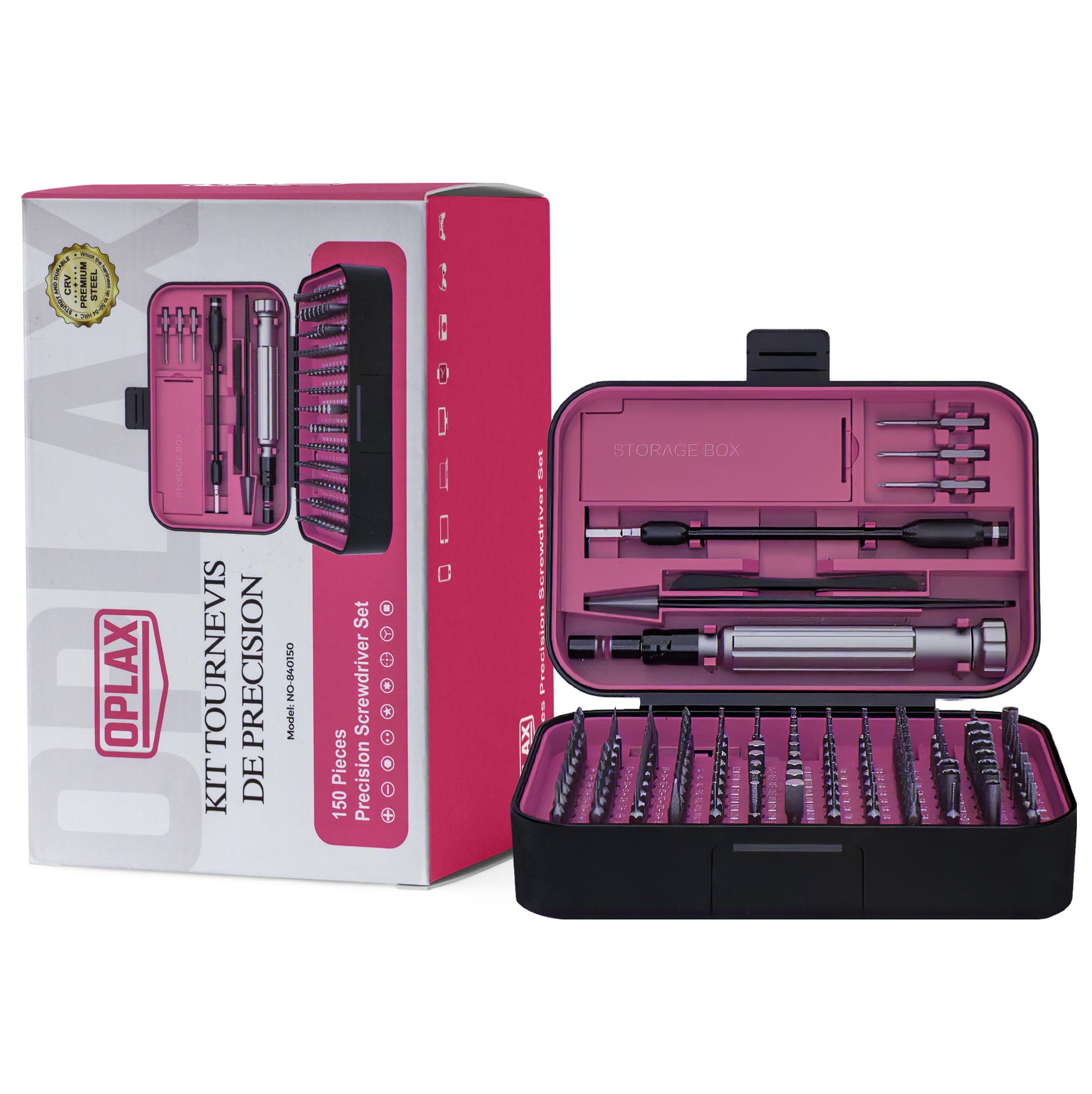 OPLAX Kit Tournevis de Précision 150 en 1 Rose | Kit Réparation Électronique, Magnétique, Embouts Professionnels