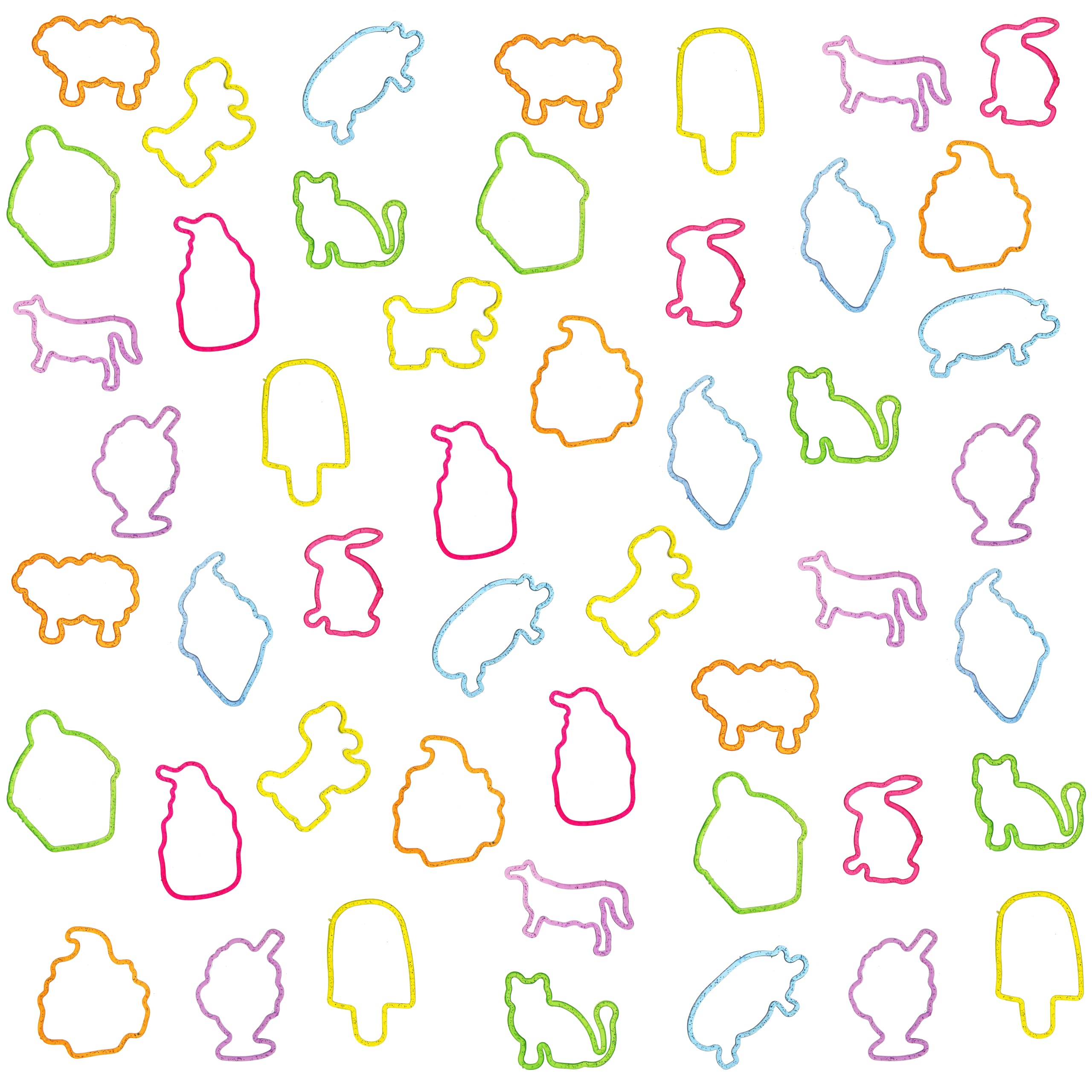 48pc Shaped Gummie Bracelets - Bulk Pack Colorful Pastel Glitter Rubberband Bracelets, Kids Party Favors & Bracelet Kit