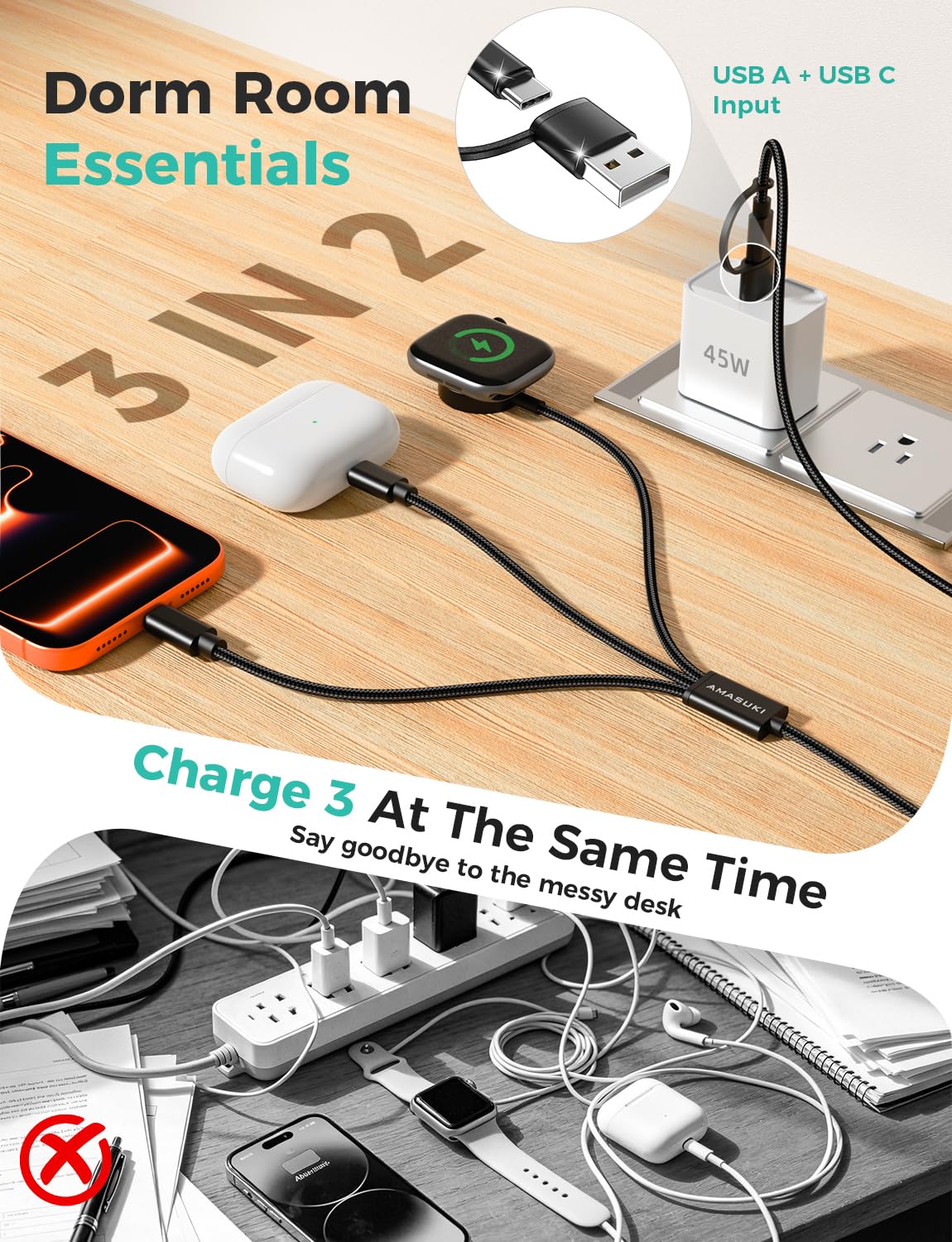 Confezione da 2 cavi USB C 3 in 2 per caricabatterie Apple Watch, caricabatterie per iPhone, cavo di ricarica multiplo, crociera, vacanze, campeggio, portatile, per iWatch serie 11-2/Ultra/SE e iPhone