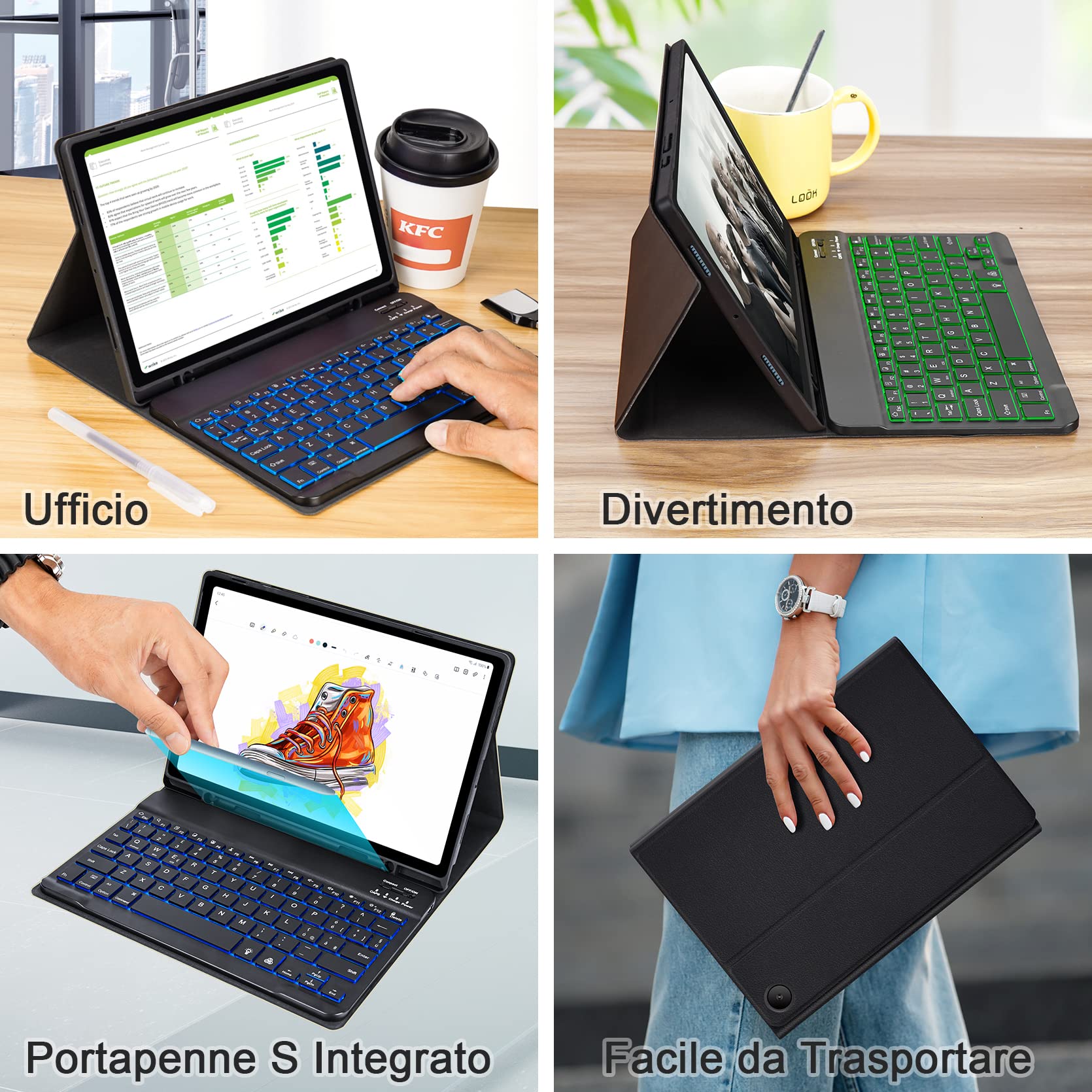SOPPY Custodia Tastiera Retroilluminata per Samsung Galaxy Tab S6 Lite 10.4" 2024/2022/2020, Layout Italian, 7 Colori Retroilluminazione, Porta Penna S, Copertura Sottile, Nero