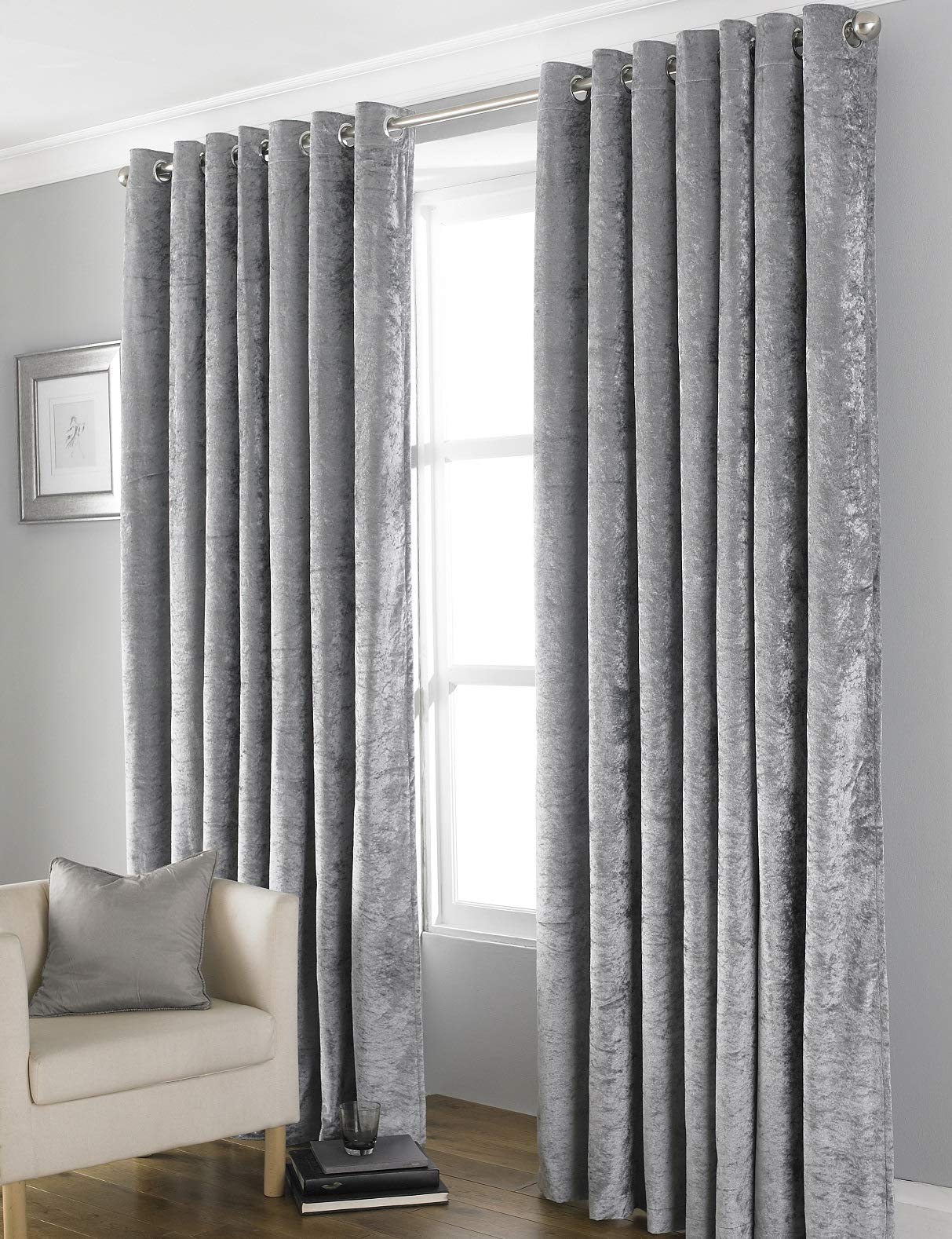 COUNTRY CLUBBliss Crushed Velvet Blackout Eyelet Fully Lined Thermal Curtains, Grey, 66 x 90
