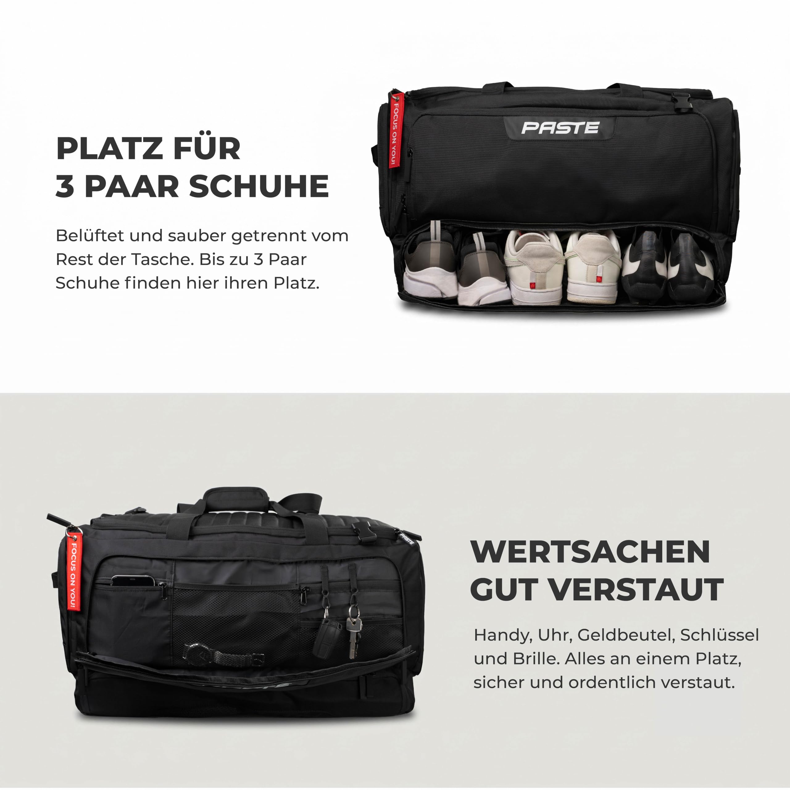 PASTE® - Personalisierte Sporttasche 68L mit Rucksackfunktion, Schuhfach & Nassfach Schwarz - Fußball-Tasche & Trainings-Tasche mit Kühlfunktion Damen & Herren groß - Gym Bag für Sport & Fitness