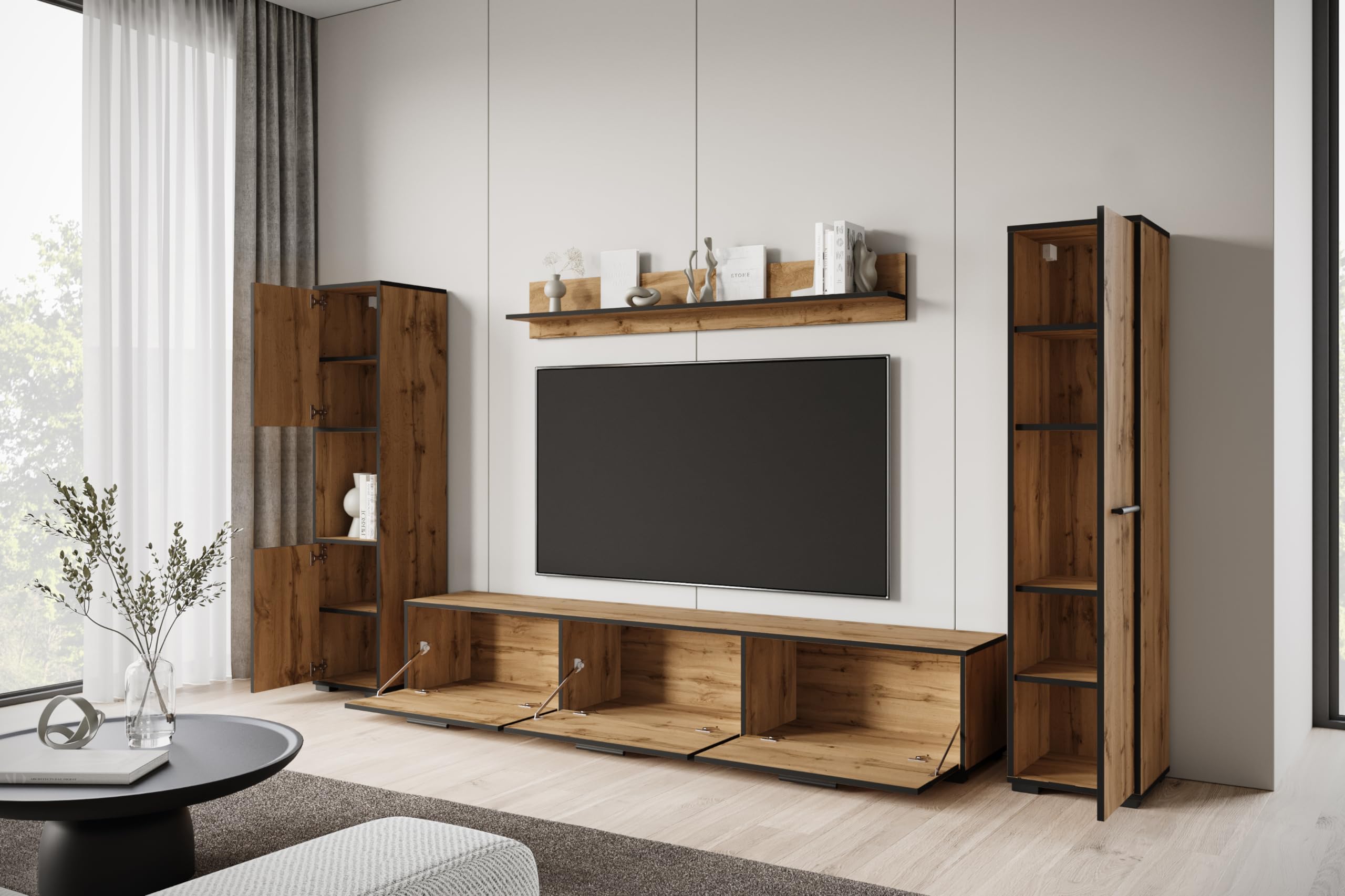 MINIO go for it - Wohnwand Wohnzimmer 4-teilig Toga, Wohnzimmer Möbel Set, 1x TV Lowboard, 2X Hochschrank, 1x Wandboard, Wohnzimmermöbel Komplett, Wohnzimmer Set - Farbe Wotan Eiche/Schwarz Farbe