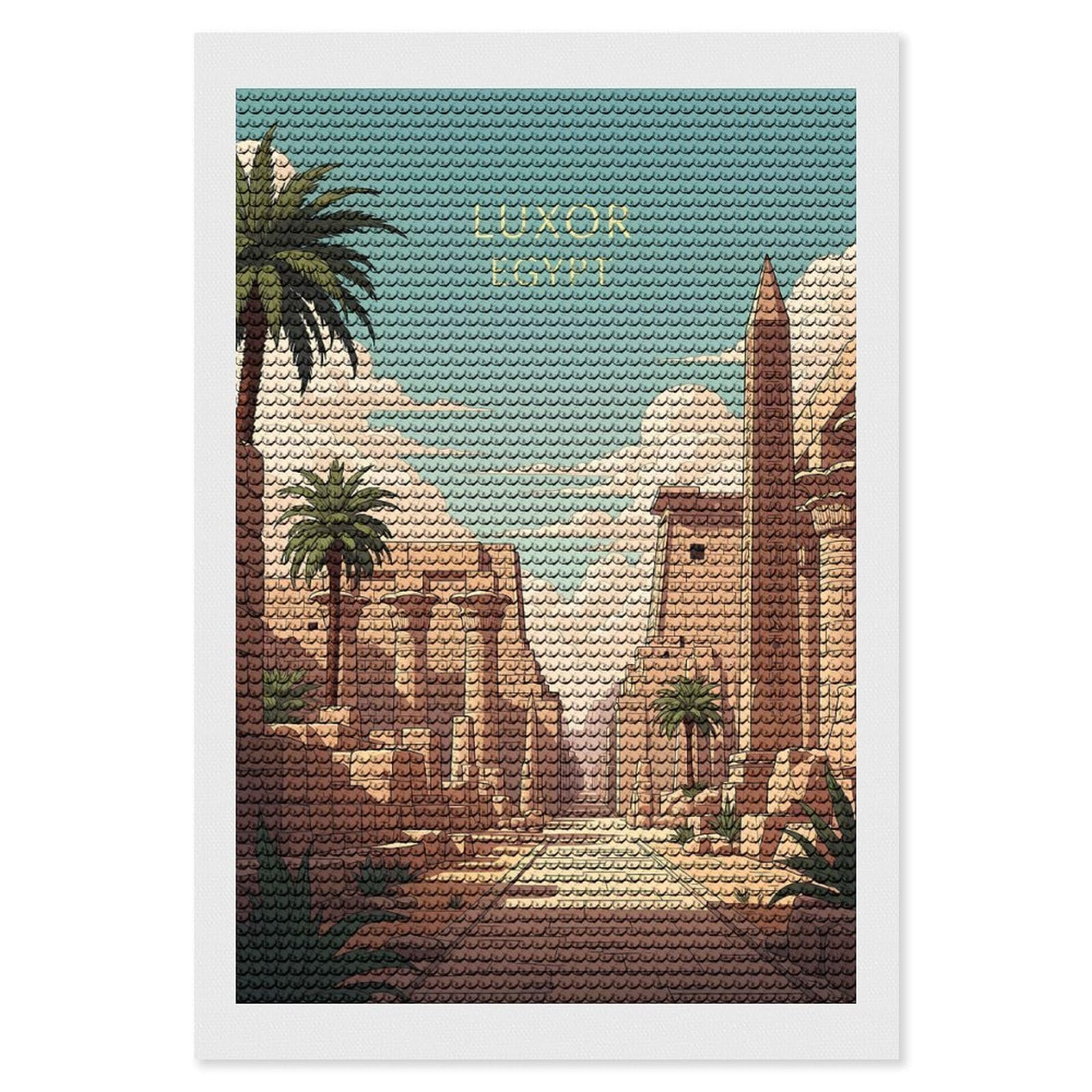 Junmoney Luxor Egypt Ancient Ruins Illustration Full Drill Diamond Painting Kit 8"x12", Mindful Craft Activity, Bedroom Decor, for Adults, Gift Idea