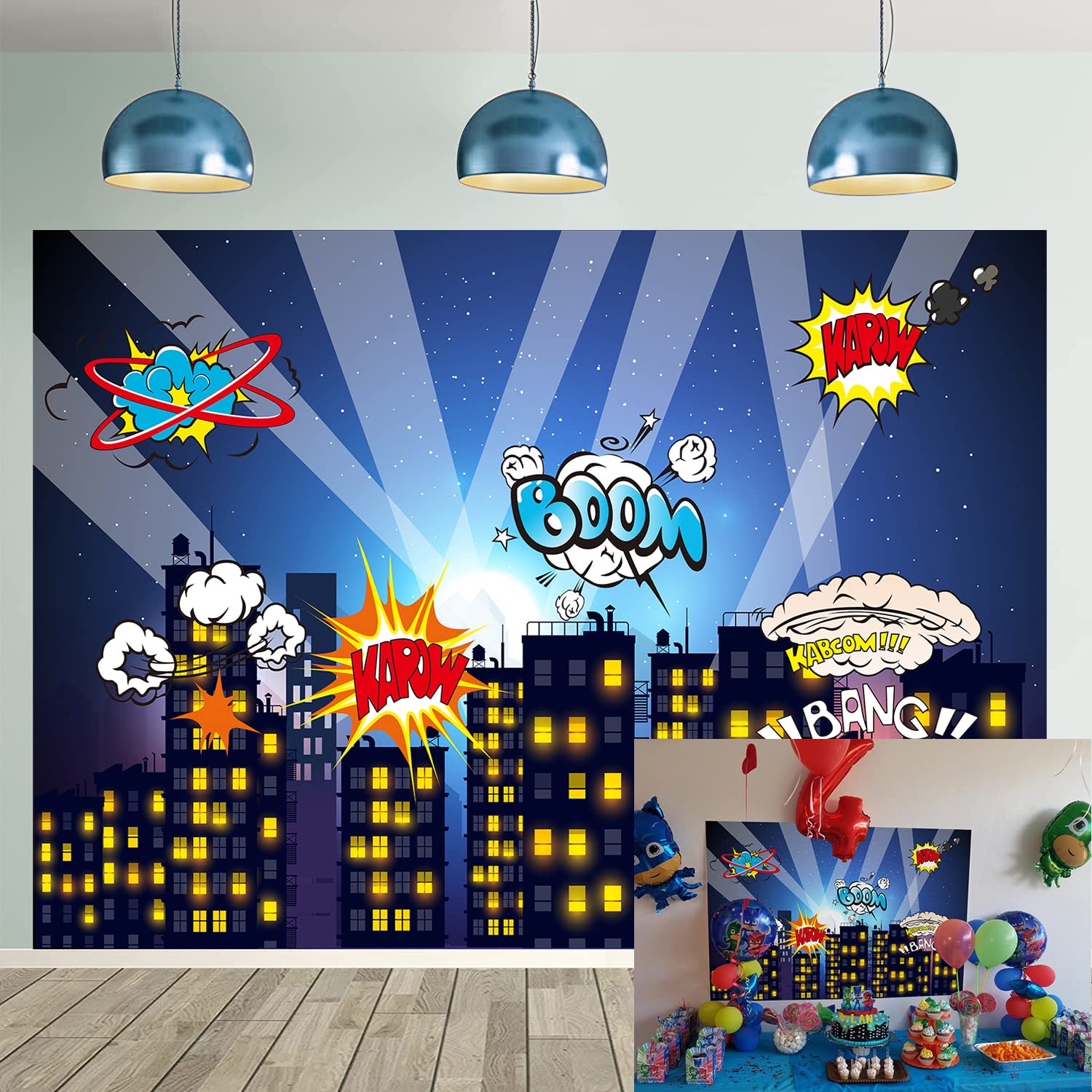 Cityscape Theme Backdrop Night Scene Comics Style Building City Photography Background Baby Shower Boy Girl Kids Birthday Party Decoration Studio