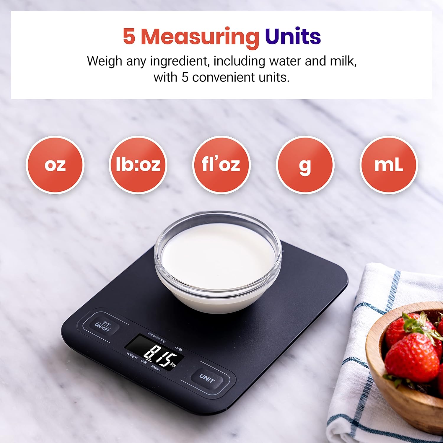 Etekcity Food Kitchen Scale displaying 8.15 fluid ounces of milk, with icons for various units: oz, lb:oz, fl'oz, g, mL