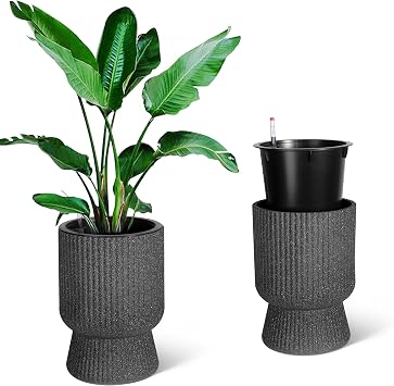 Sandblasted Black 14.2" Tall Self-Watering Planters Set of 2, Indoor/Outdoor Plant Pots with Water Level Monitor, Modern Flower Pots for Patio, Porch, Living Room