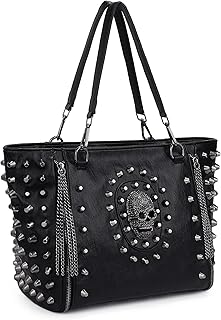UTO Women Skull Tote Bag PU Washed Leather Rivet Studded Ladies Purse Shoulder Bag