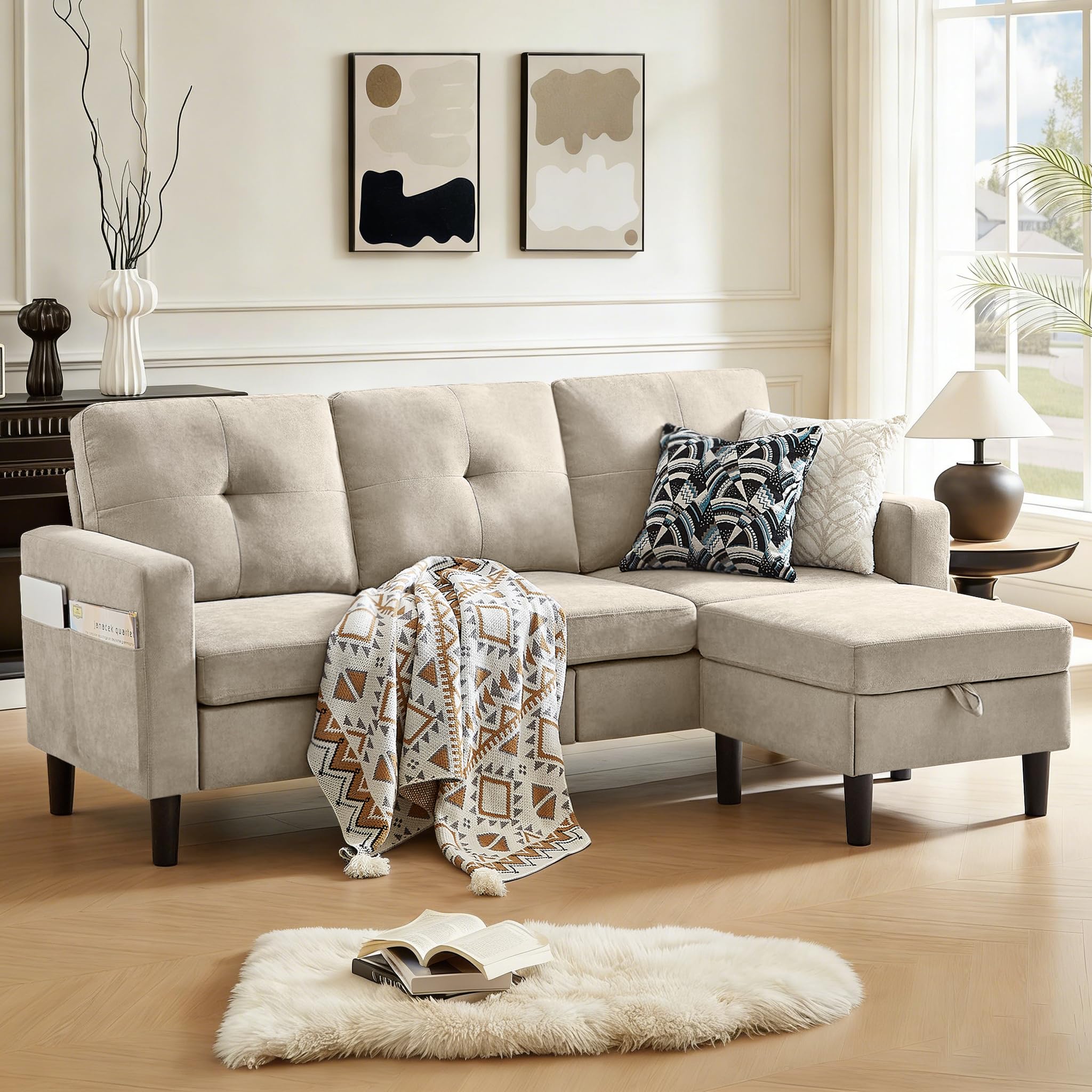 80 Convertible Sectional Sofa Couch with Movable Ottoman 3 Seats Sectional Sofas L Shaped Couch for Small Spaces