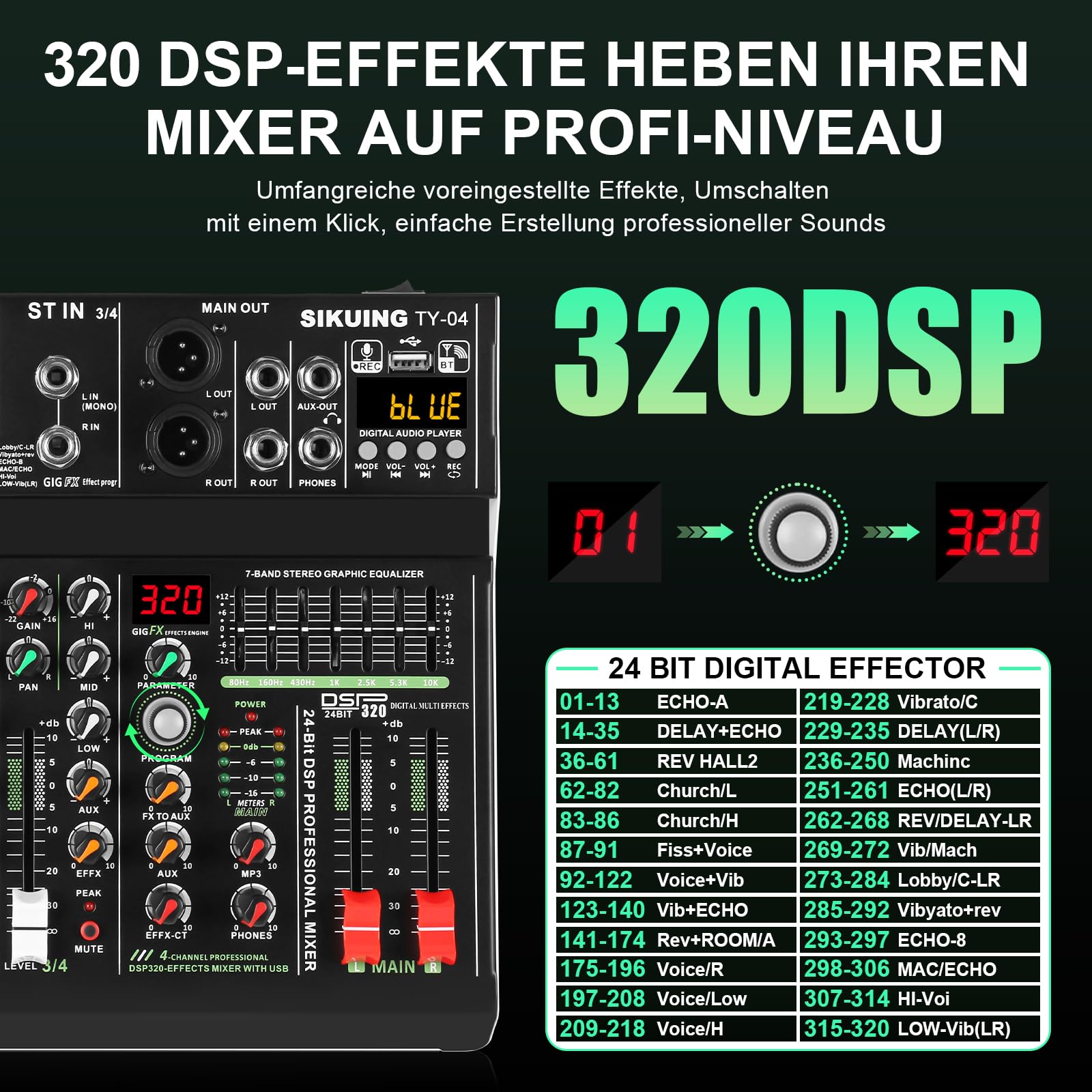 Mixer portatile a 4 canali, mixer audio professionale, 320 effetti DSP + equalizzatore a 7 bande, scheda audio Bluetooth + interfaccia USB, ideale per registrazioni PC, effetti karaoke studio e