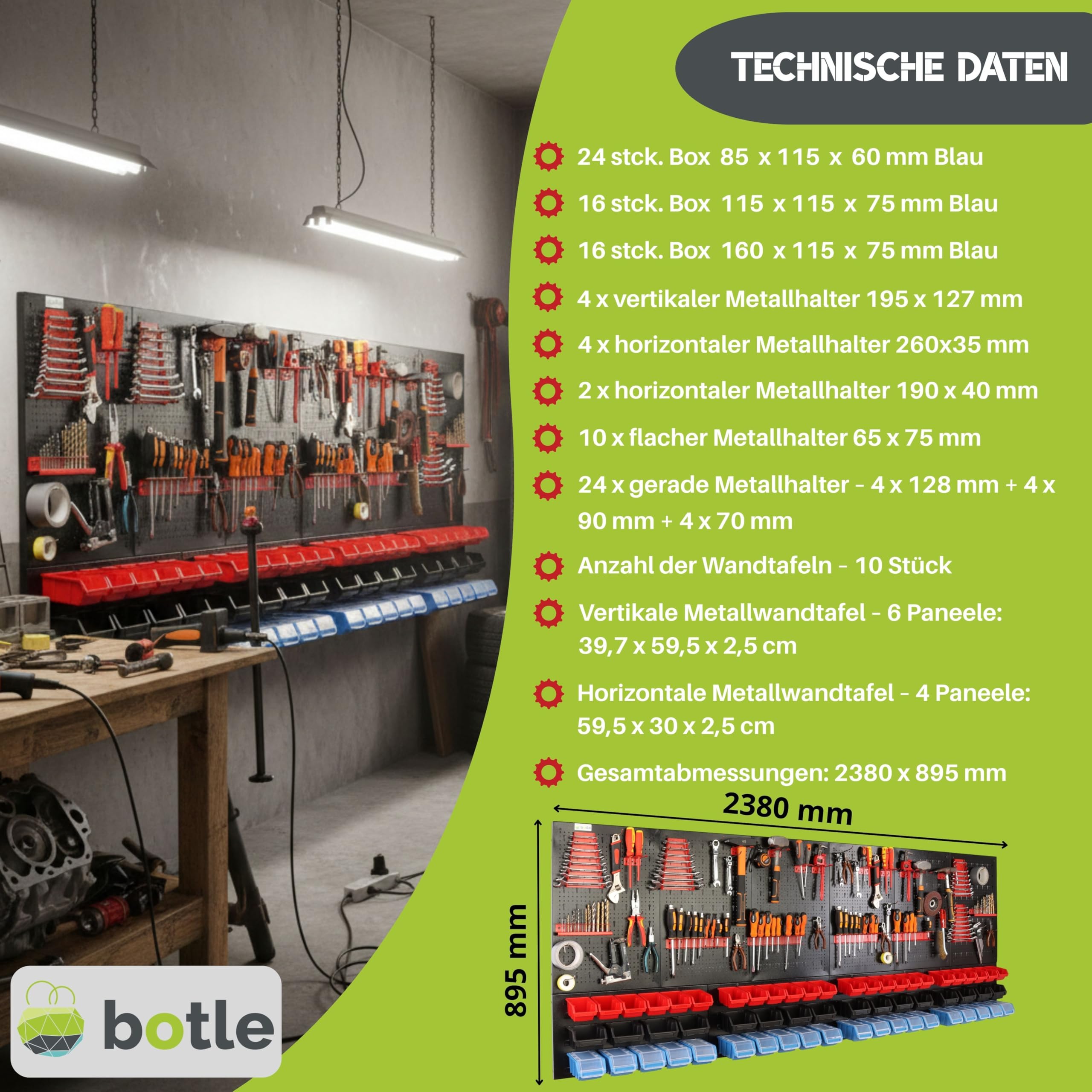 botle Juego de 114 piezas de pared perforada para herramientas de metal, cajas apilables + estante de pared + soporte para herramientas, 114 piezas, almacén de piezas pequeñas, taller de pared con 60