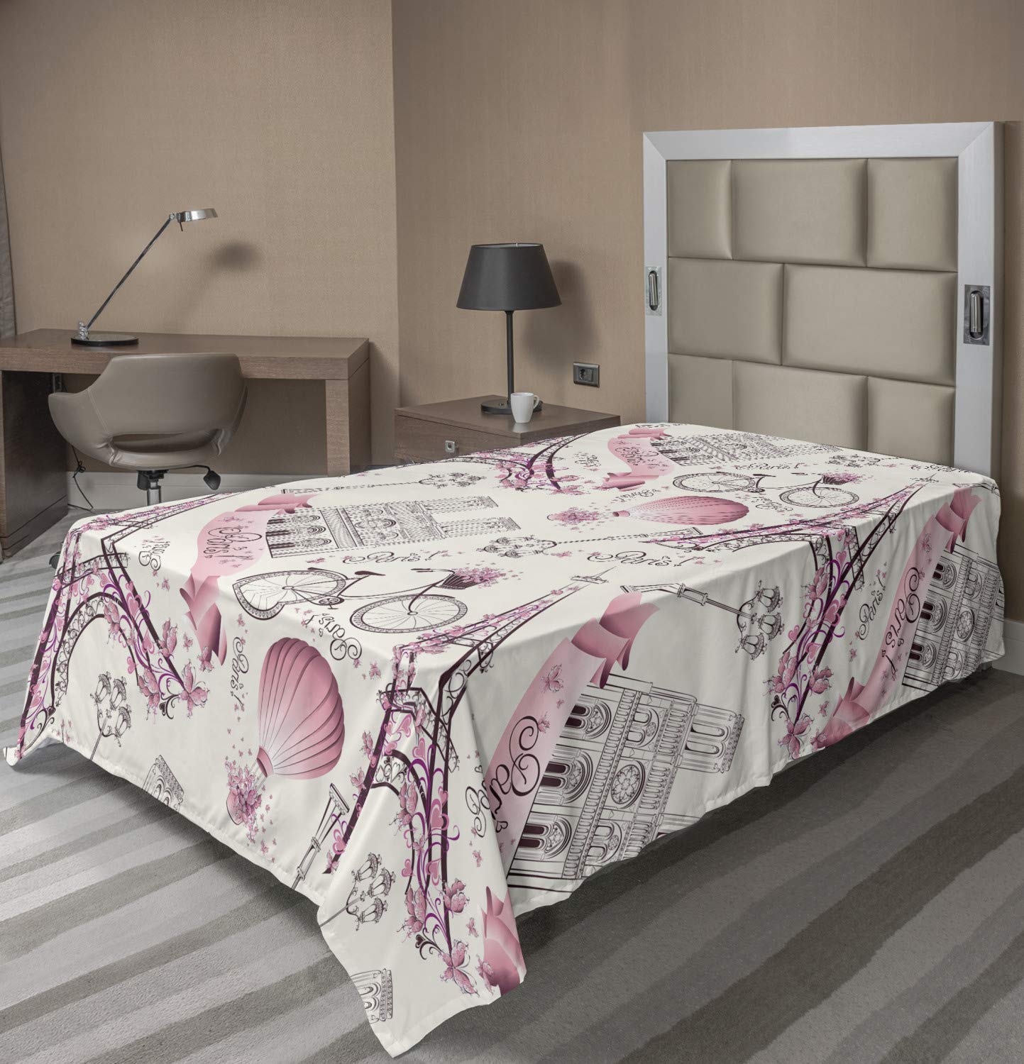 Lunarable City Love Flat Sheet, Iconic Elements of Paris Hearts on The Eiffel Tower and a Bicycle, Soft Comfortable Top Sheet Decorative Bedding 1 Piece, Twin Size, Dark Purple Pale Pink