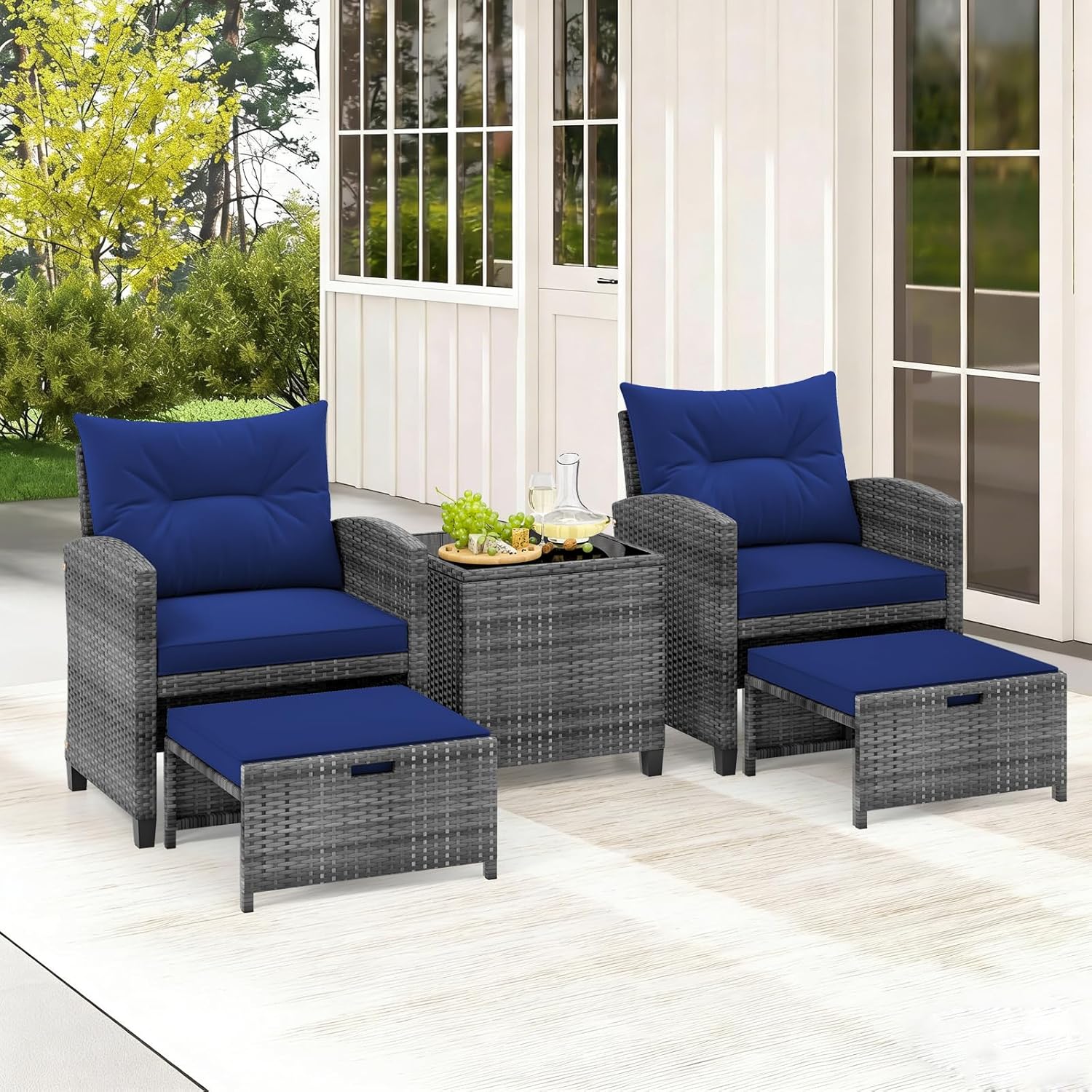 COSTWAY 5-Piece Rattan Conversation Set, Outdoor Wicker Sofa, Tempered Glass Coffee Table & Ottomans for Small Space, Boho Chic Indoor/Outdoor Furniture Set for Poolside, Backyard, Deck (Red)