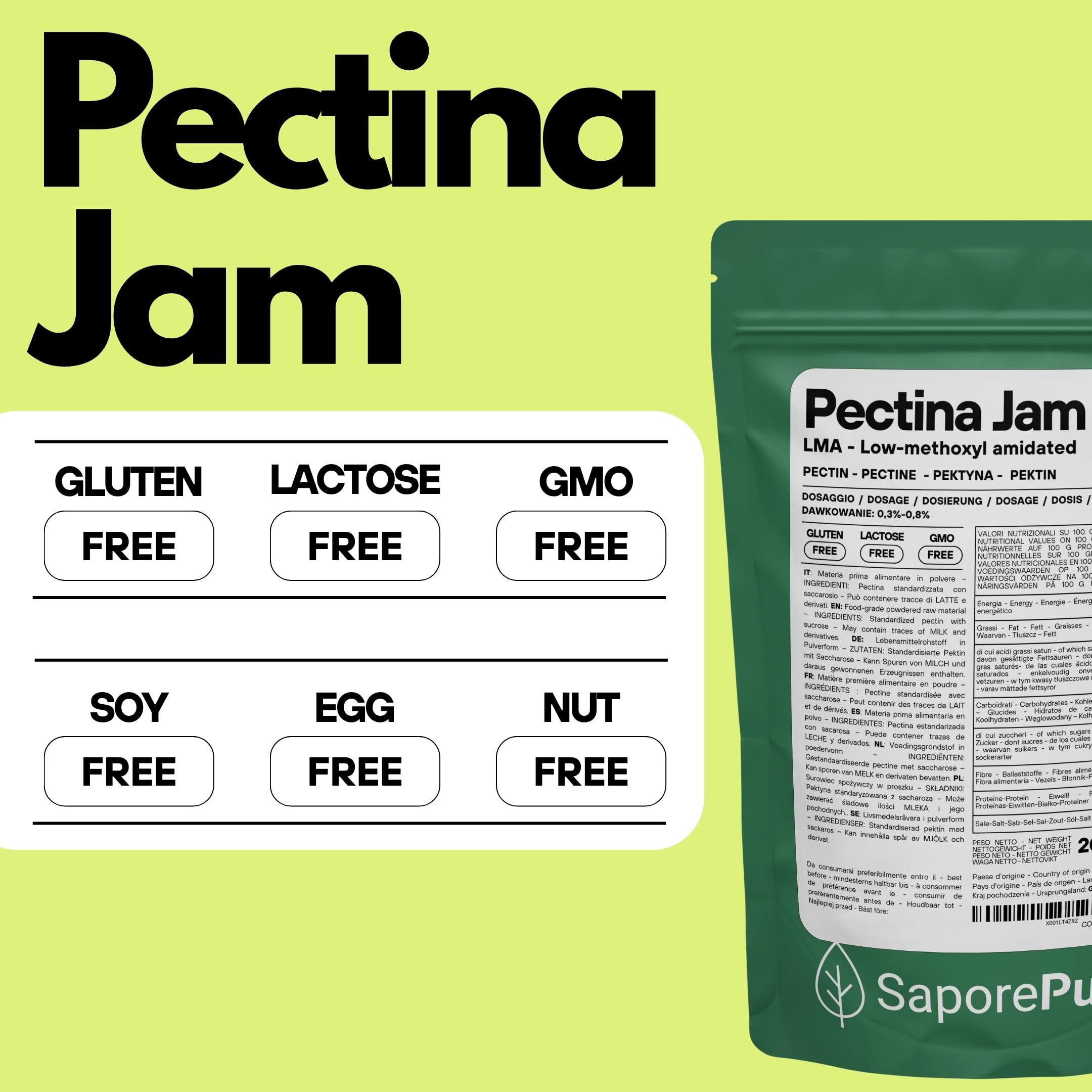 Saporepuro Pectina Jam en polvo 200 g – LMA – SIN GLUTEN – ideal para mermeladas bajas en azúcar