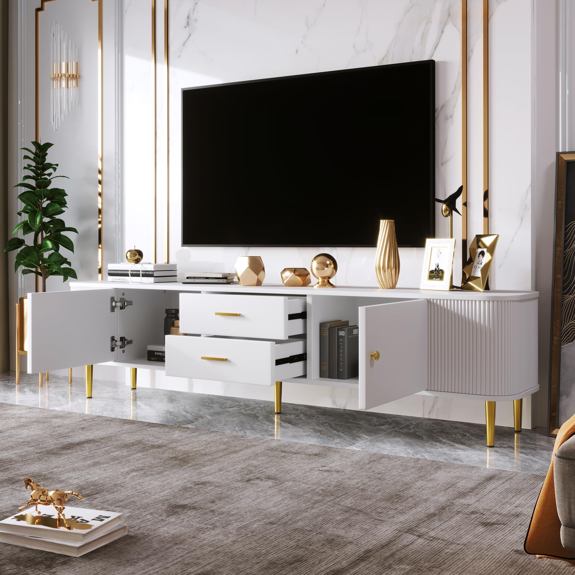 Mobile TV basso con 2 ante e 2 cassetti, moderno, bianco, per TV, con gambe dorate e angoli arrotondati, per soggiorno e camera da letto, 170 x 34 x 45 cm