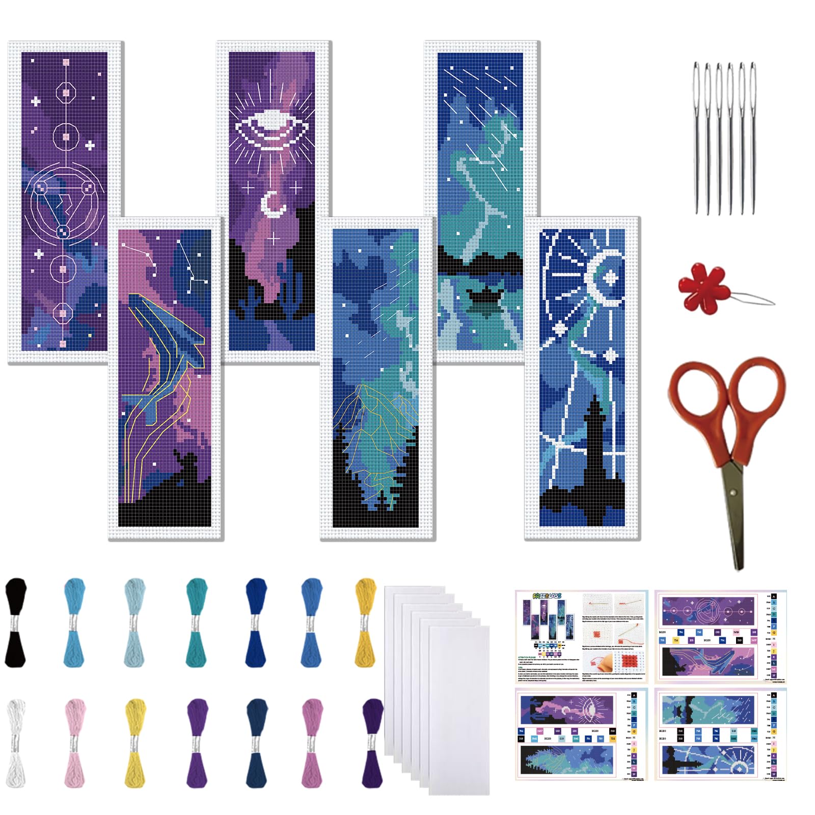 FREEBLOSS 6 Set Cross Stitch Bookmark Kit Starry Sky Theme Stamped Cross Stitch Kit 11CT Embroidery Kits with Instructions for Beginners Adult 20x6cm/8x2.4inch
